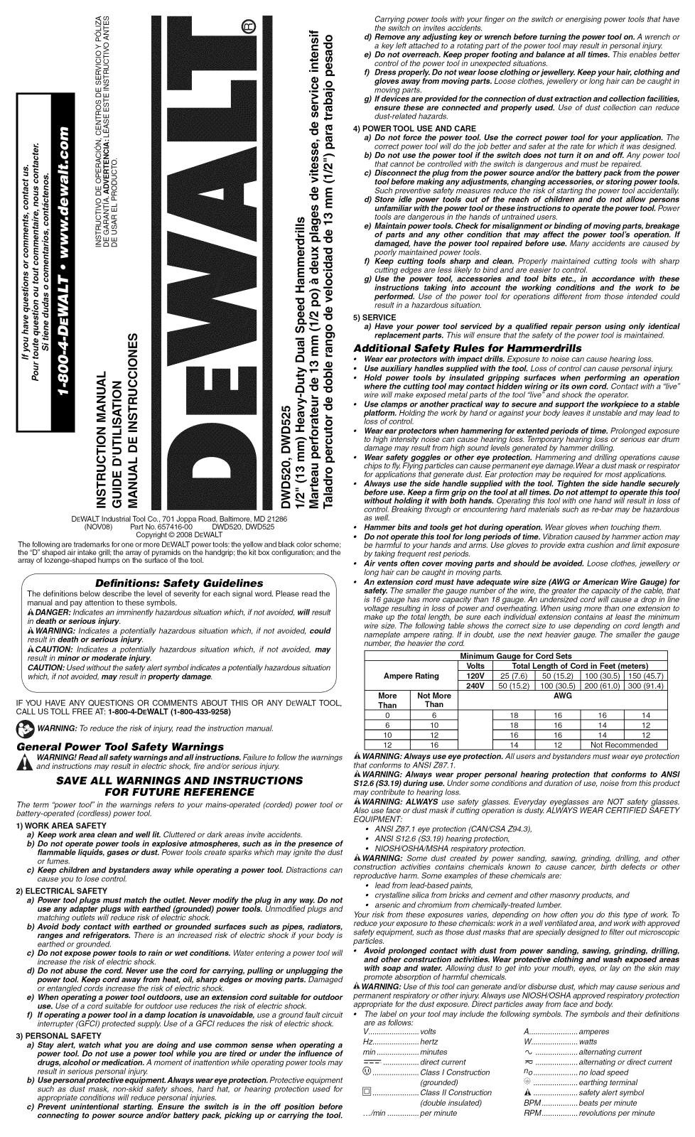 DeWalt DWD520 TYPE2, DWD520 TYPE1 Owner’s Manual