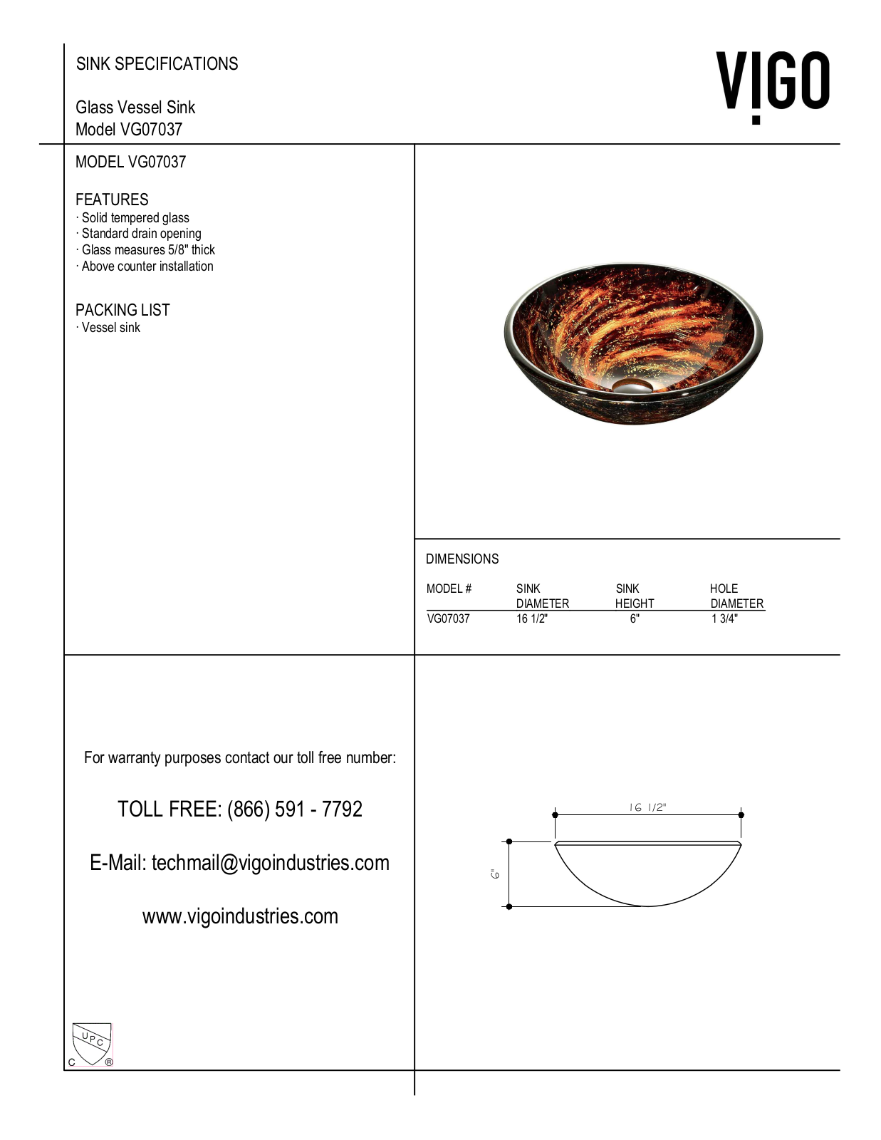 Vigo VGT031BNRND, VGT413, VGT416 Specifications