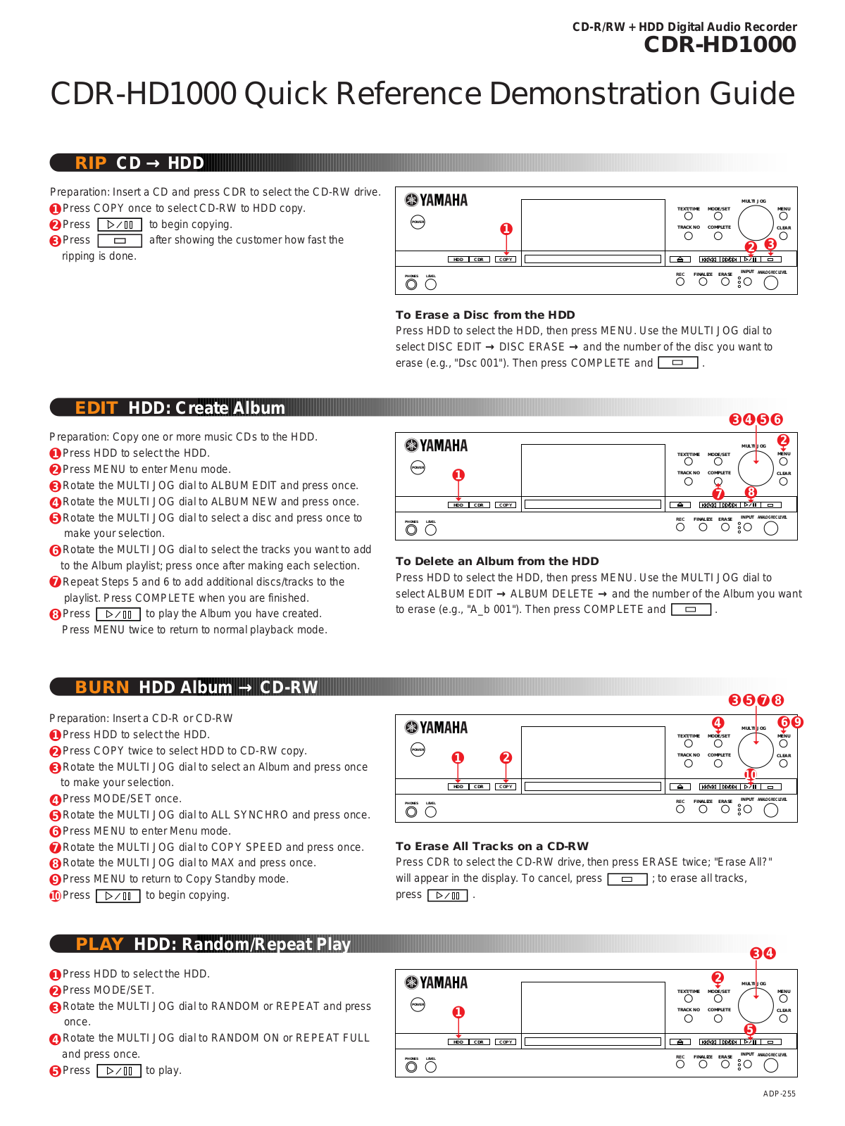 Yamaha CDR-HD1000 Quick Reference Demonstration Guide