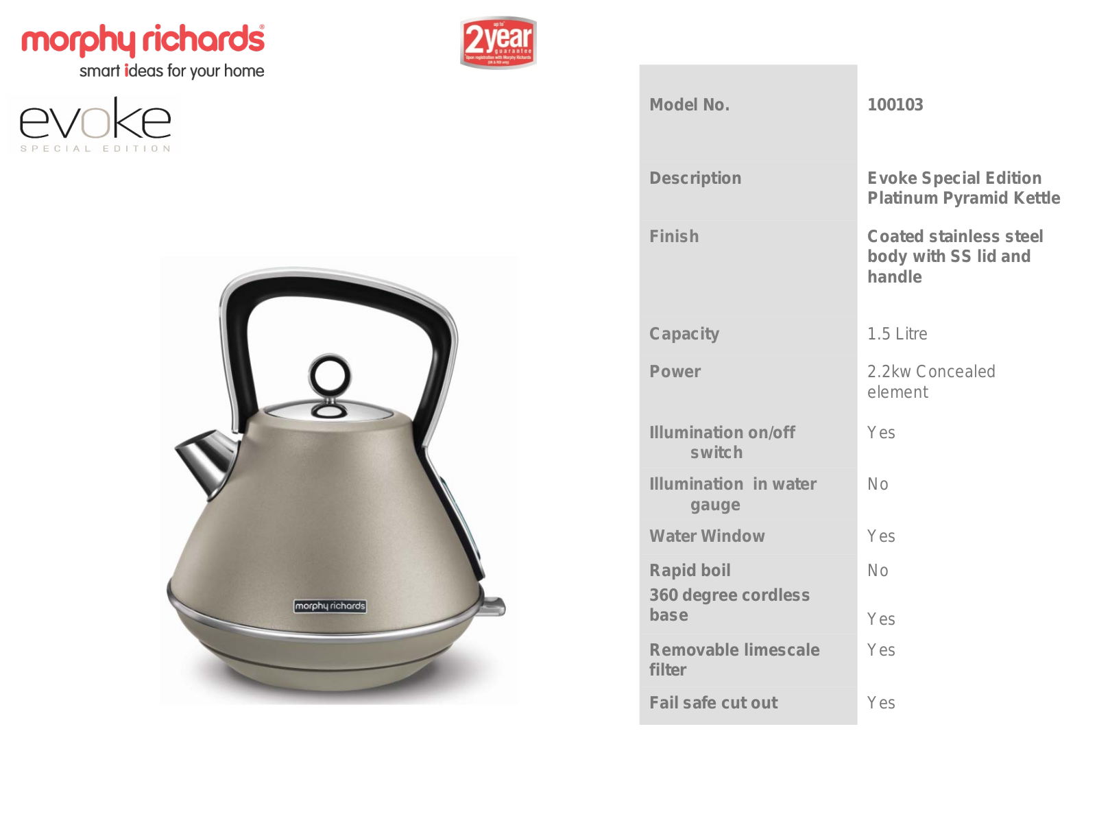 Morphy Richards 100103 Specifications Sheet