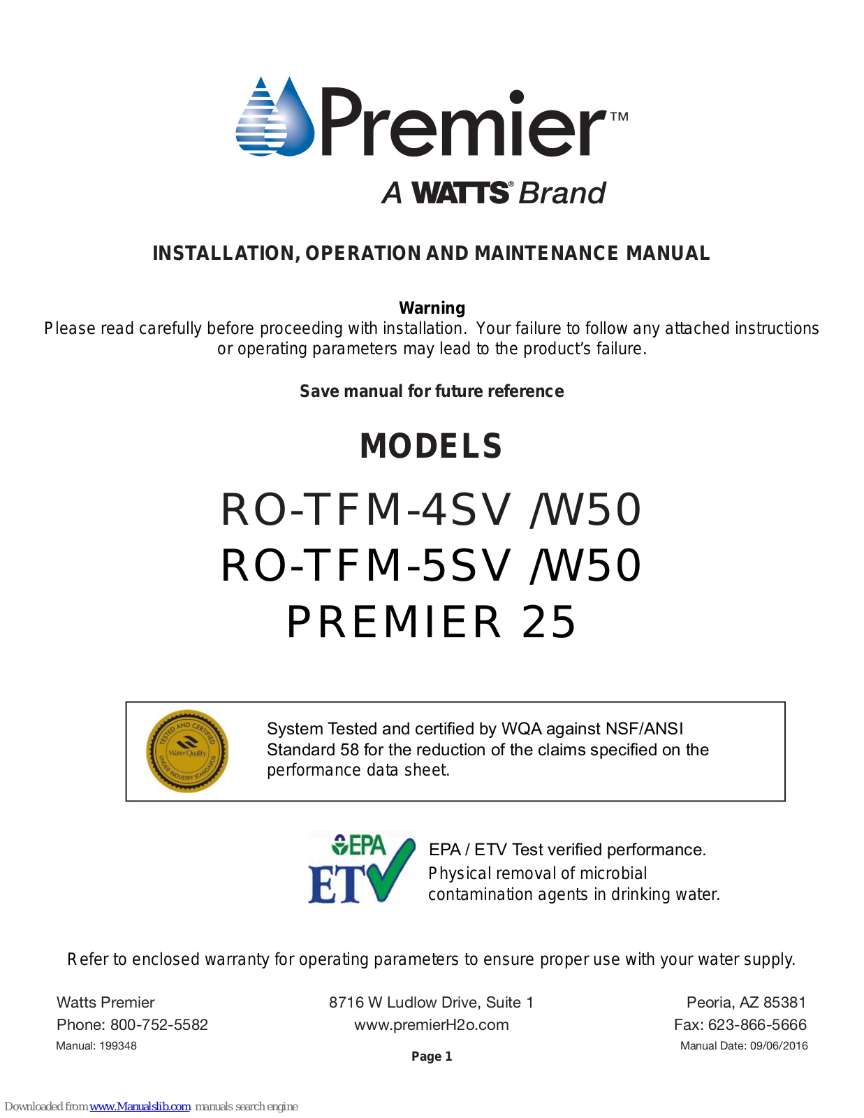 Premier RO-TFM-4SV, RO-TFM-W50, RO-TFM-5SV, PREMIER 25 Installation, Operation And Maintenance Manual - ManualMachine.com