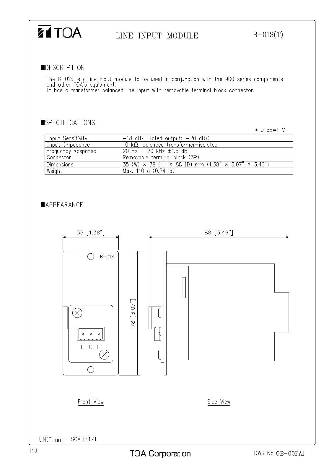 TOA B-01S T User Manual