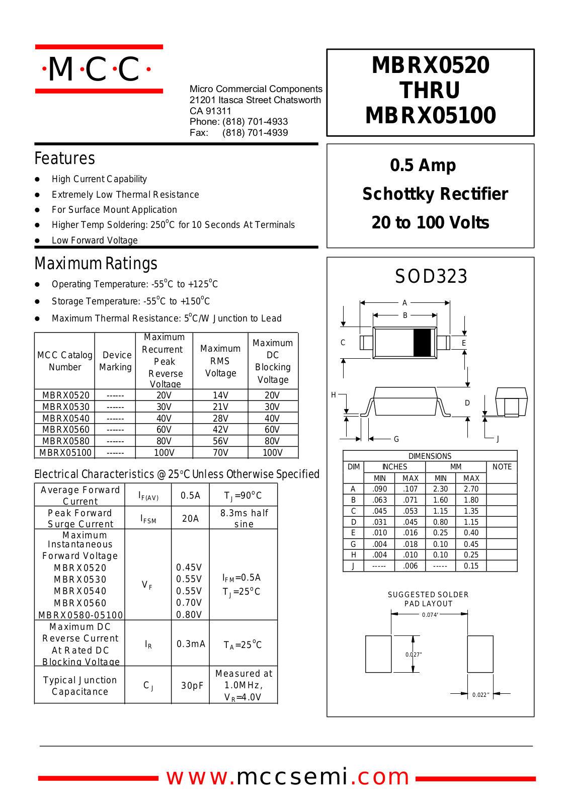 MCC MBRX05100, MBRX0520, MBRX0530, MBRX0540, MBRX0580 Datasheet