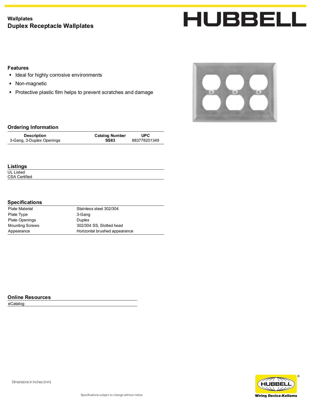 Hubbell SS83 Specifications