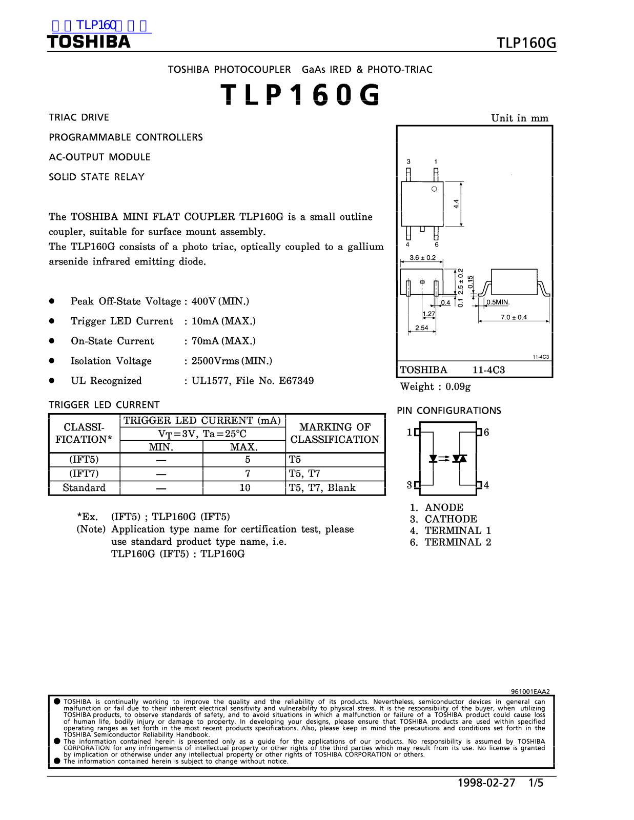 TOSHIBA TLP160G Technical data