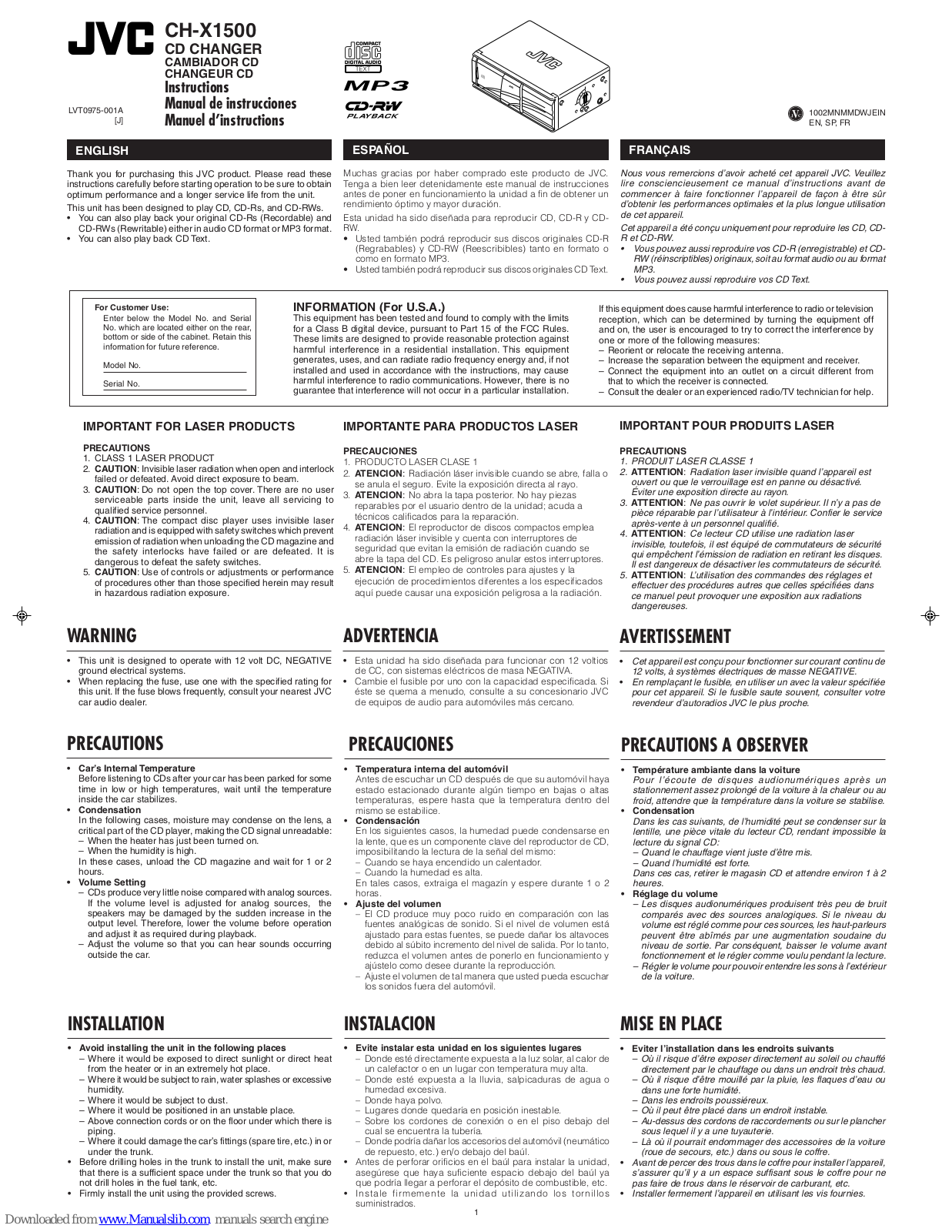 JVC CH-X1500J, CH-X1500RF, CH-X1500RFJ Instructions Manual