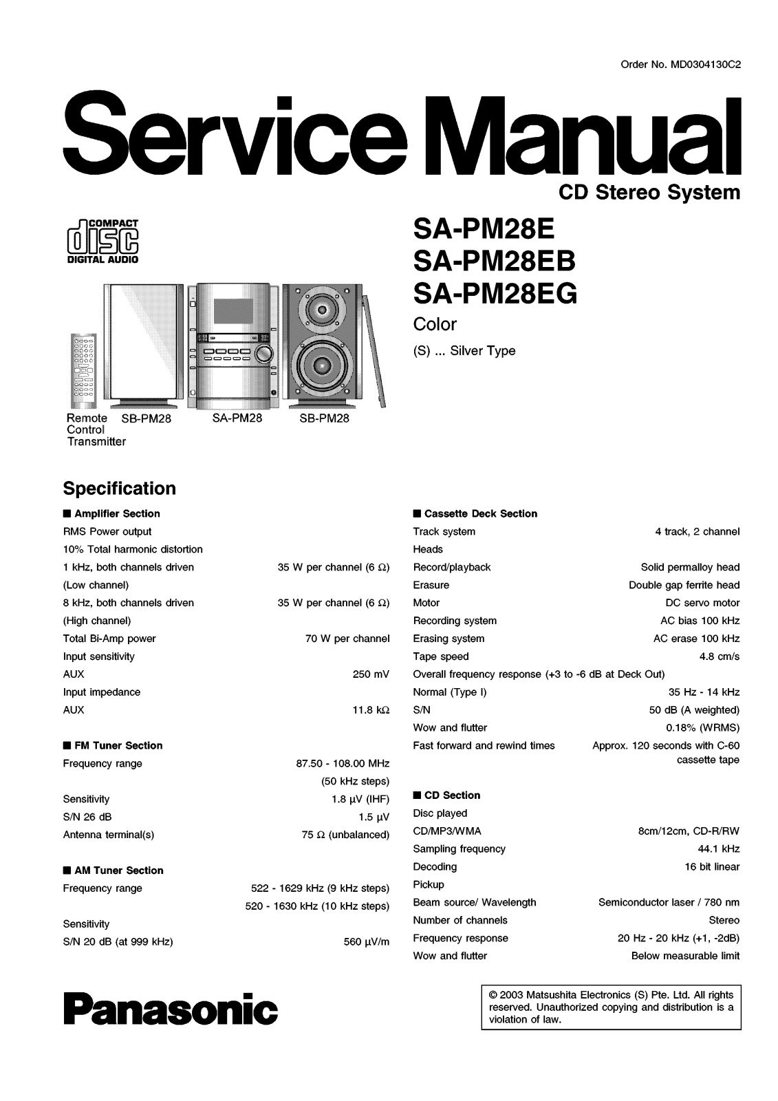 Panasonic SAPM-28-E, SAPM-28-EB, SAPM-28-EG Service manual