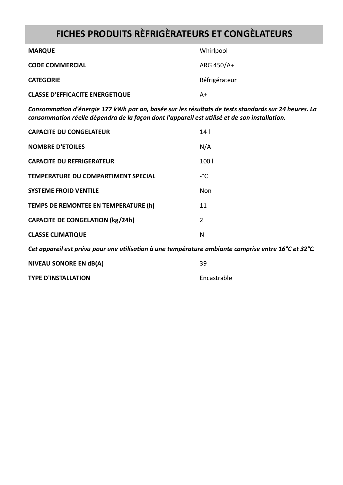 Whirlpool ARG 450/A+ Product Information