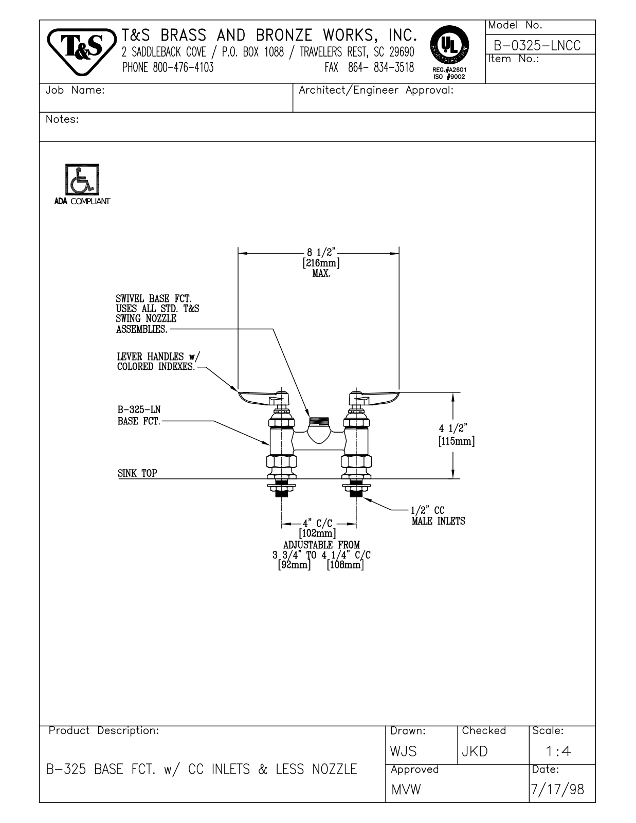 T & S Brass & Bronze Works B-0325-LNCC General Manual