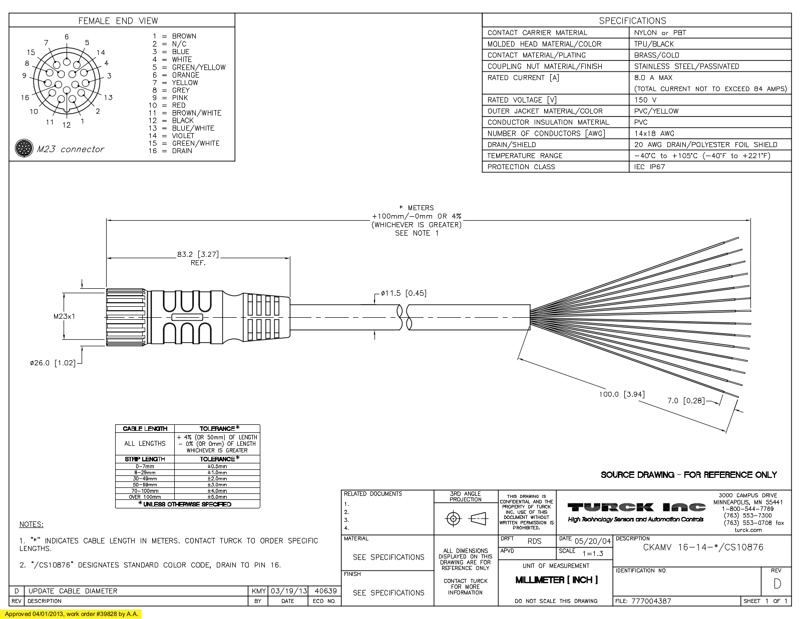 Turck CKAMV16-14-7/CS10876 Specification Sheet