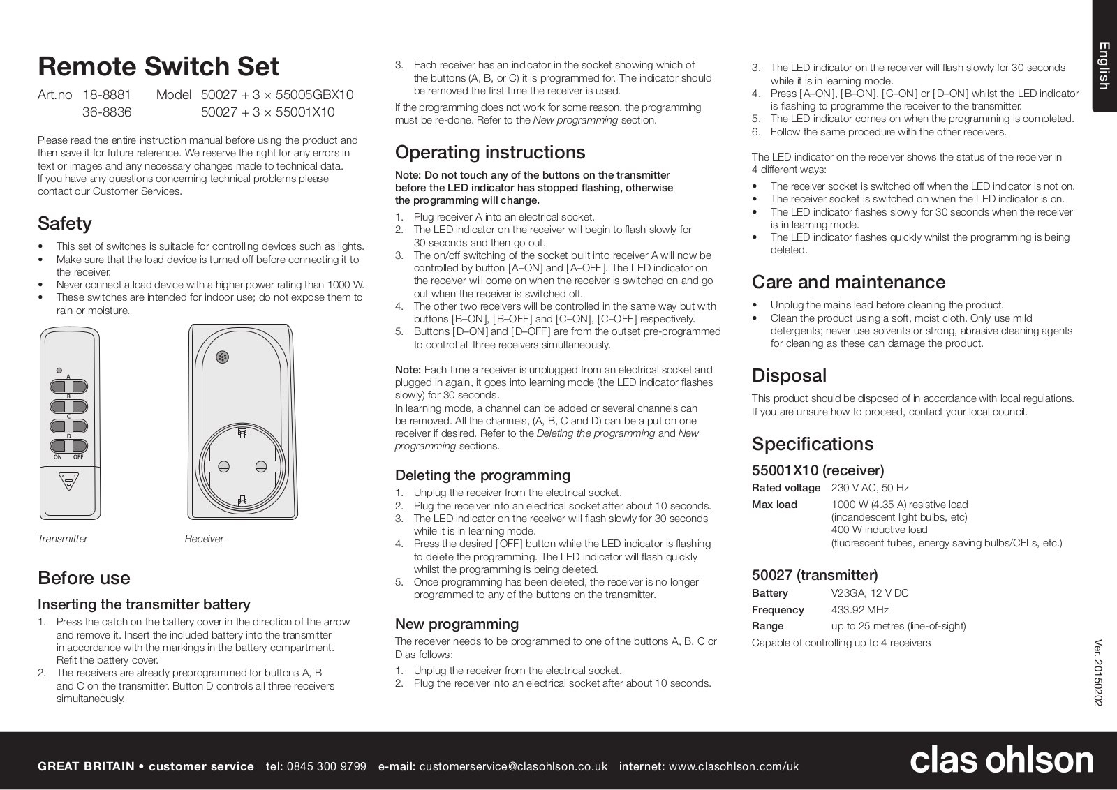 Clas Ohlson 50027, 55001X10, 55005GBX10 Operating Instructions Manual