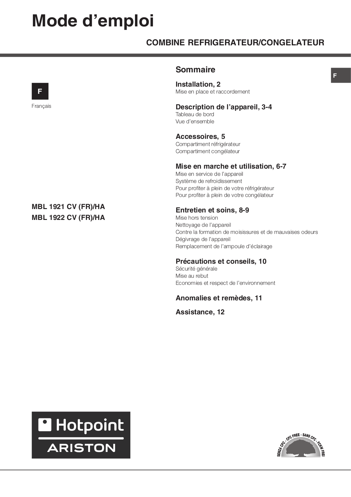 HOTPOINT LH8FF2OX, MBL 1921 CV User Manual