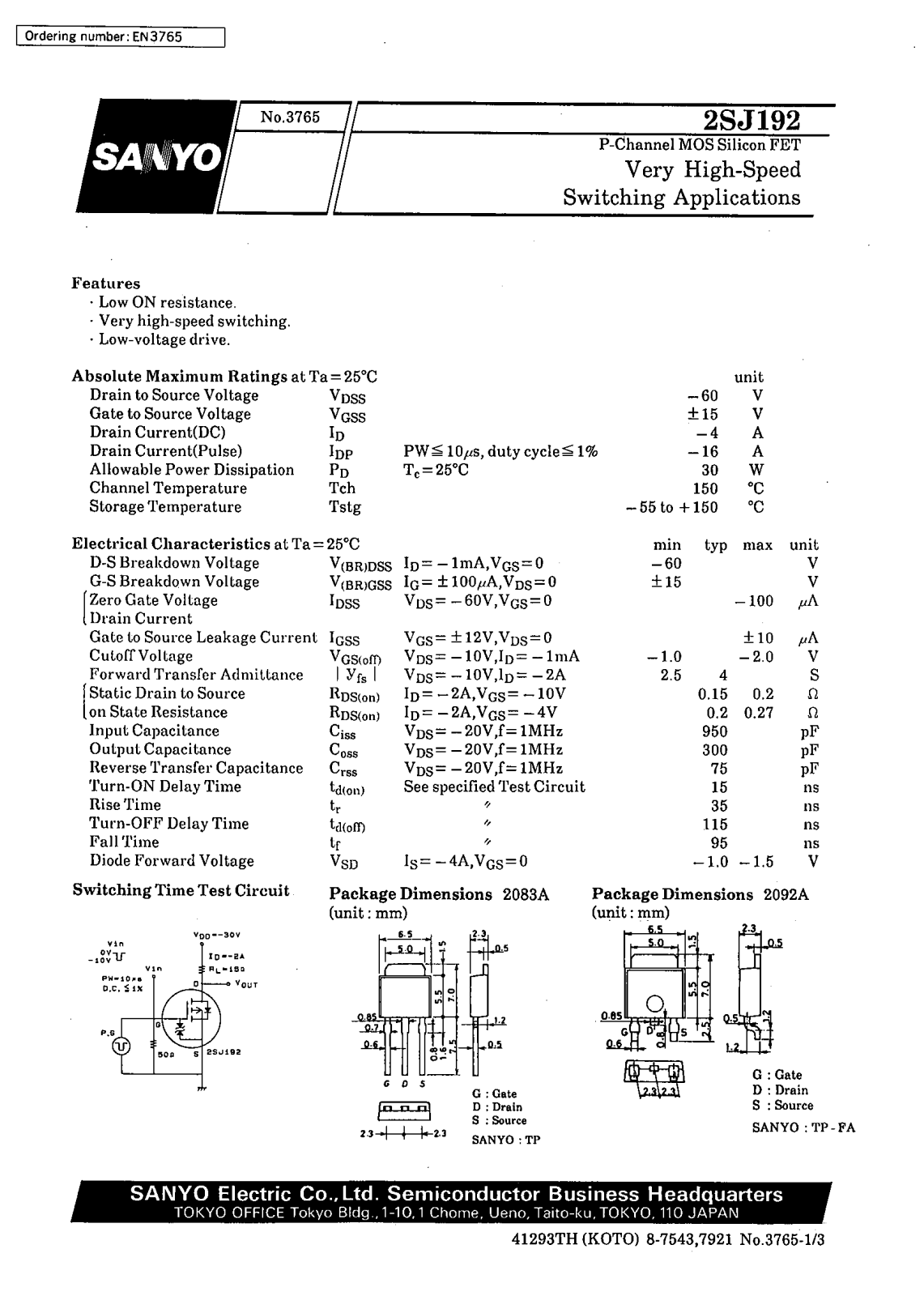 Datasheet 2SJ192 Datasheet (SANYO) - ManualMachine.com