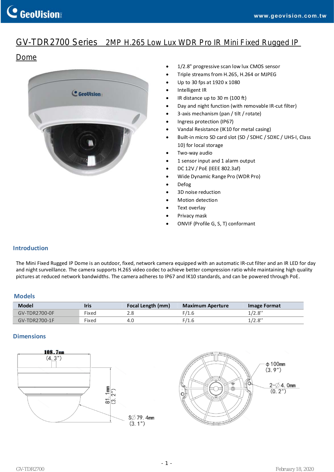 Geovision GV‐TDR2700‐0F, GV‐TDR2700‐1F Datasheet