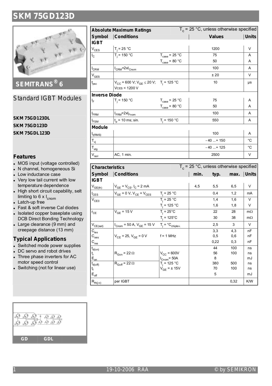 Semikron SKM75GD123D Data Sheet