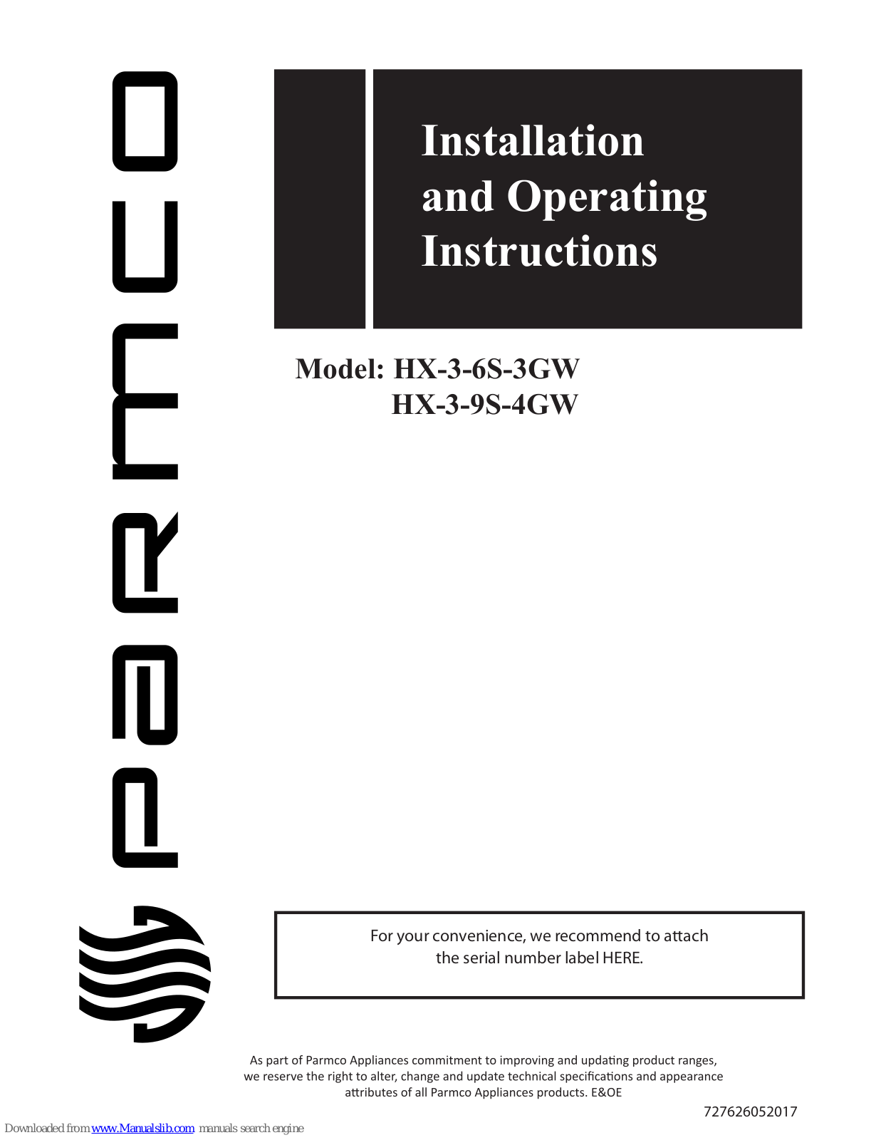 Parmco HX-3-6S-3GW, HX-3-9S-4GW Installation And Operating Instructions Manual