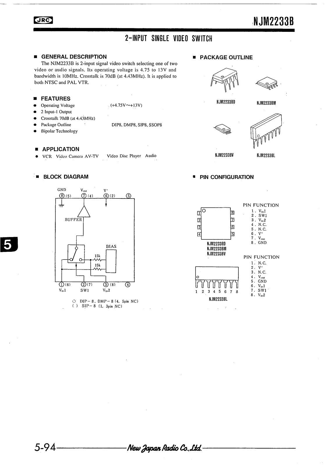 JRC NJM2233BD, NJM2233BL, NJM2233BV, NJM2233BM Datasheet