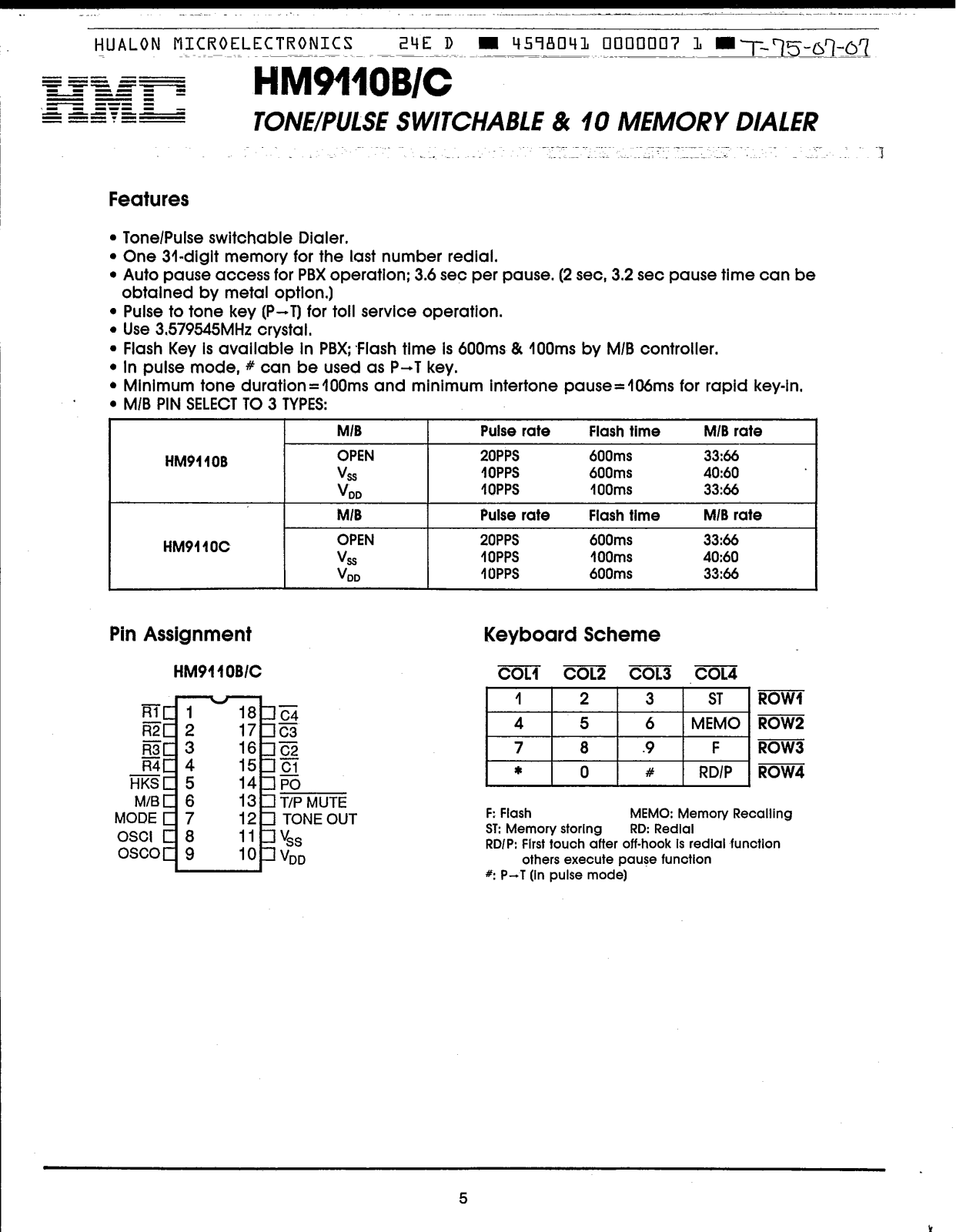 HMC HM9110B, HM9110C Datasheet