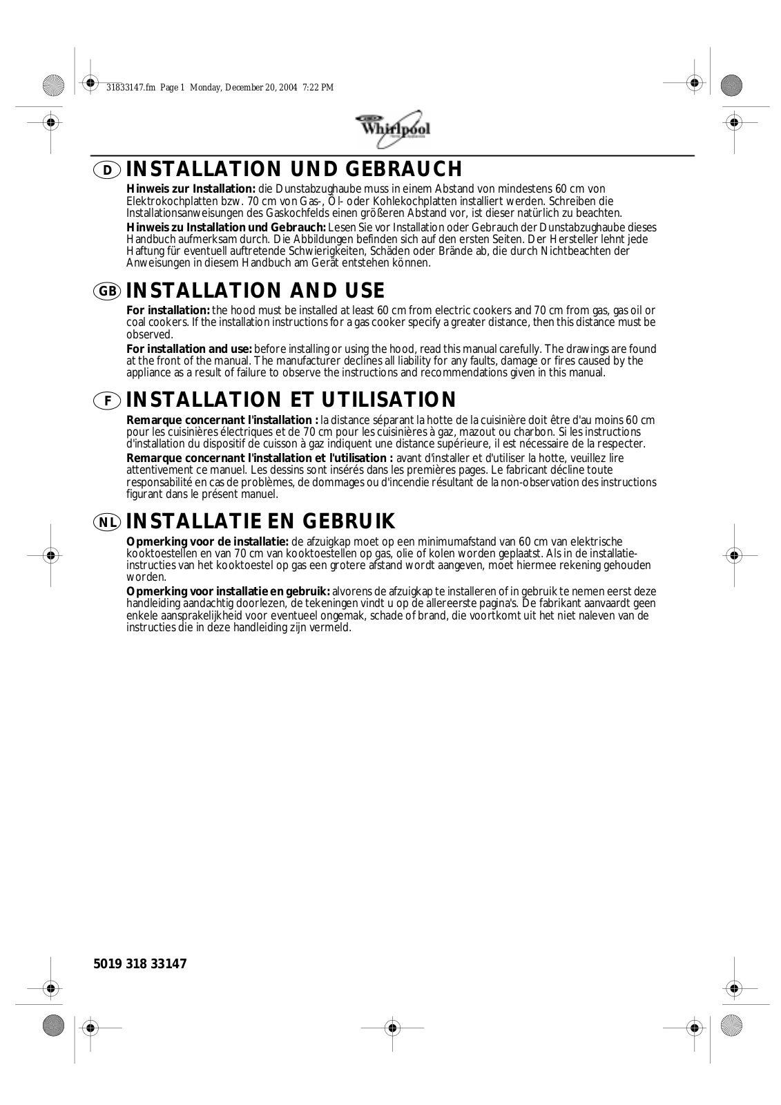 Whirlpool AKR 646 IX INSTRUCTION FOR USE