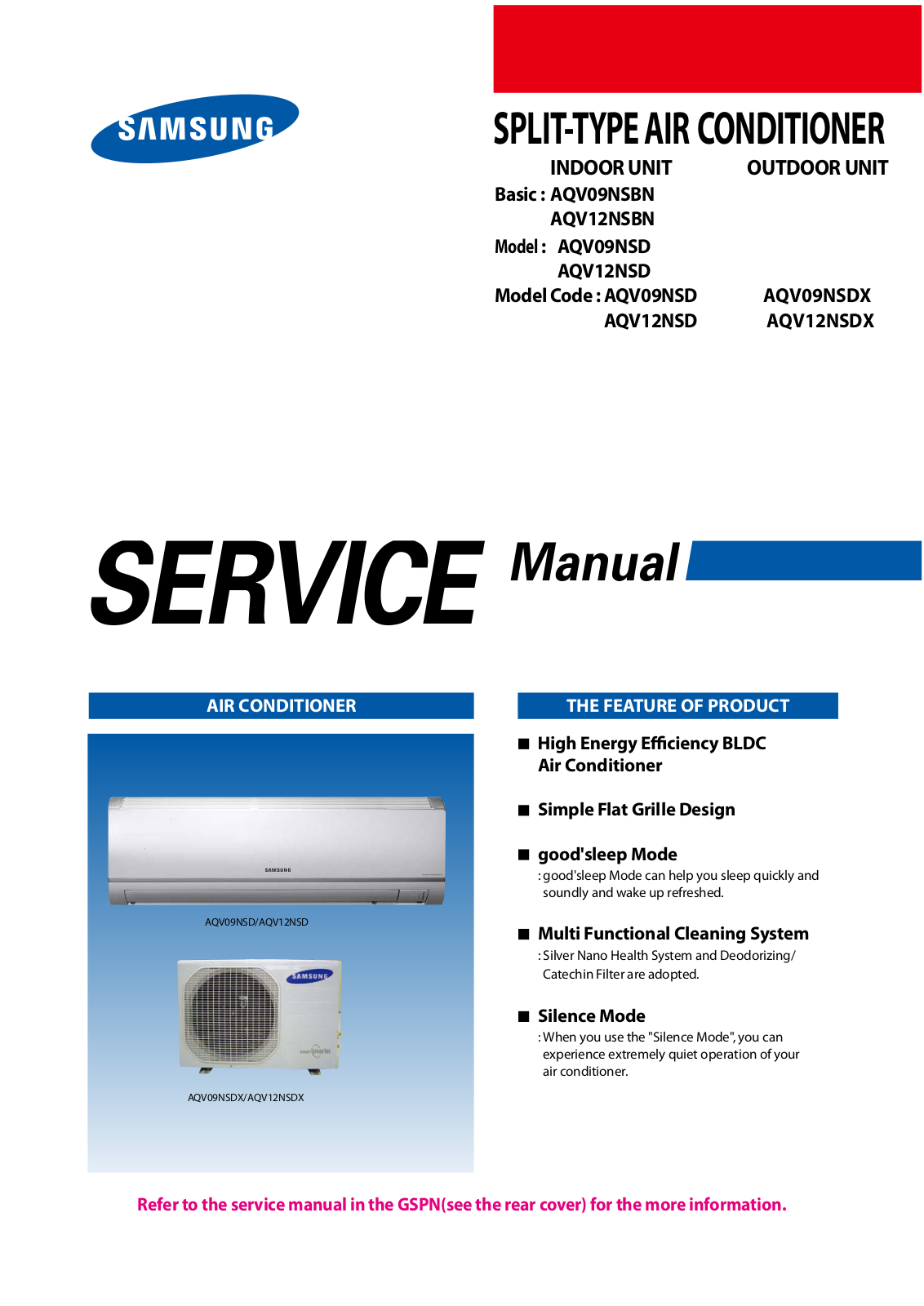 Samsung AQV12NSBN, AQV12NSDX, AQV09NSDX, AQV12NSD, AQV09NSD Service Manual