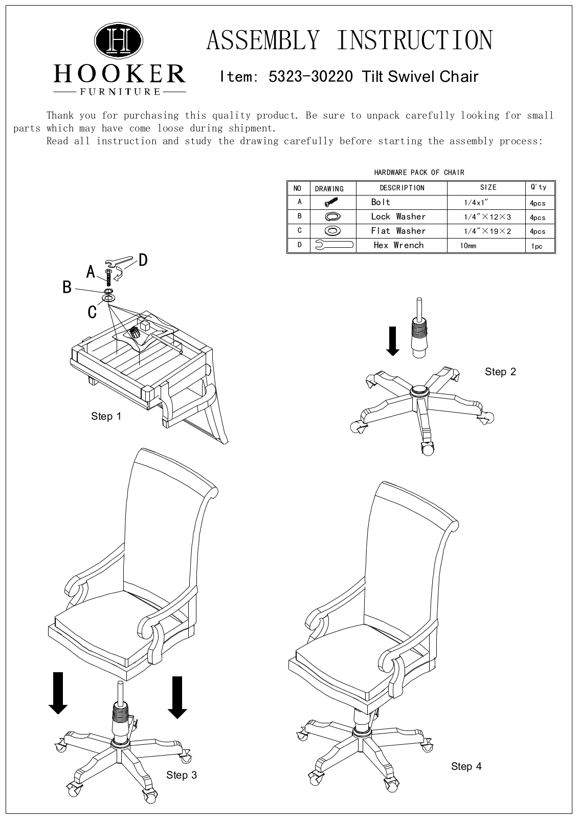 Hooker Furniture 532330220 Assembly Guide