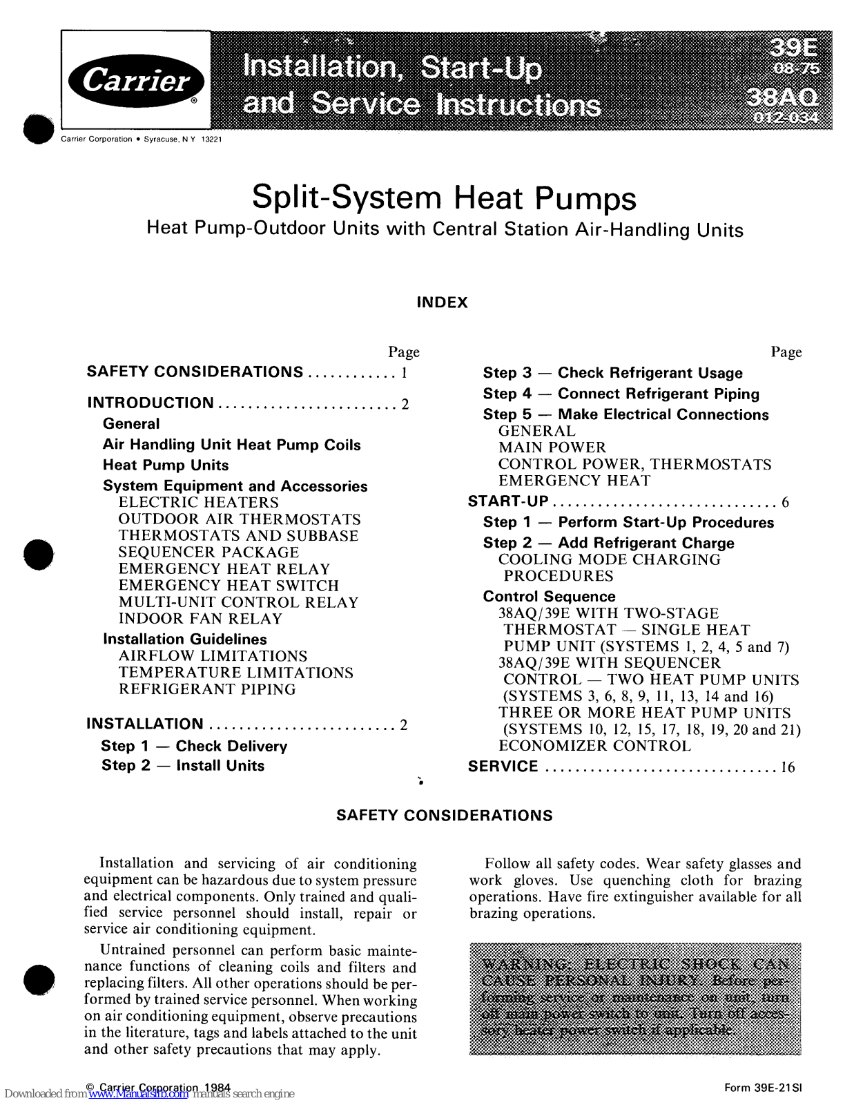 Carrier 39E08, 39E13, 39E17, 39E19, 39E23 Installation, Start-up And Service Instructions Manual - ManualMachine.com