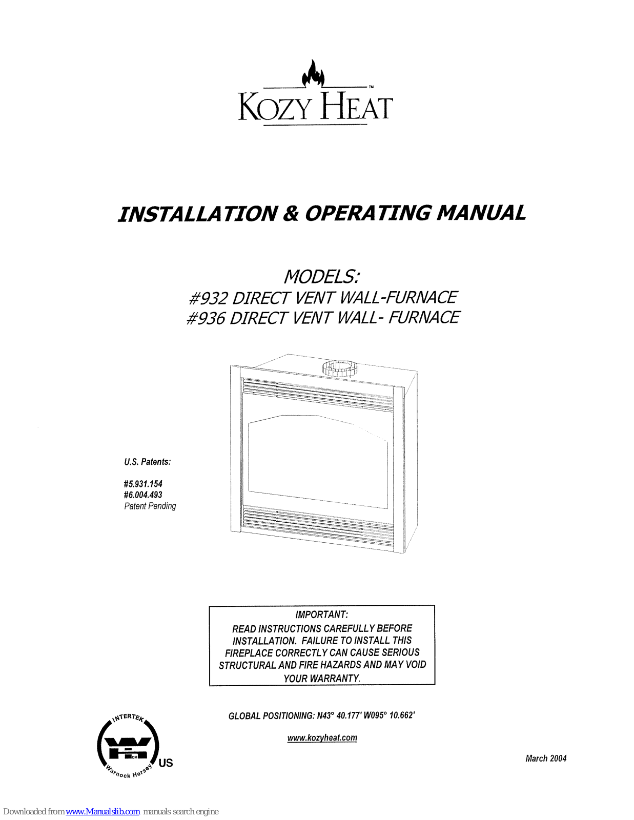 kozy heat 932, 936 Installation And Operating Manual