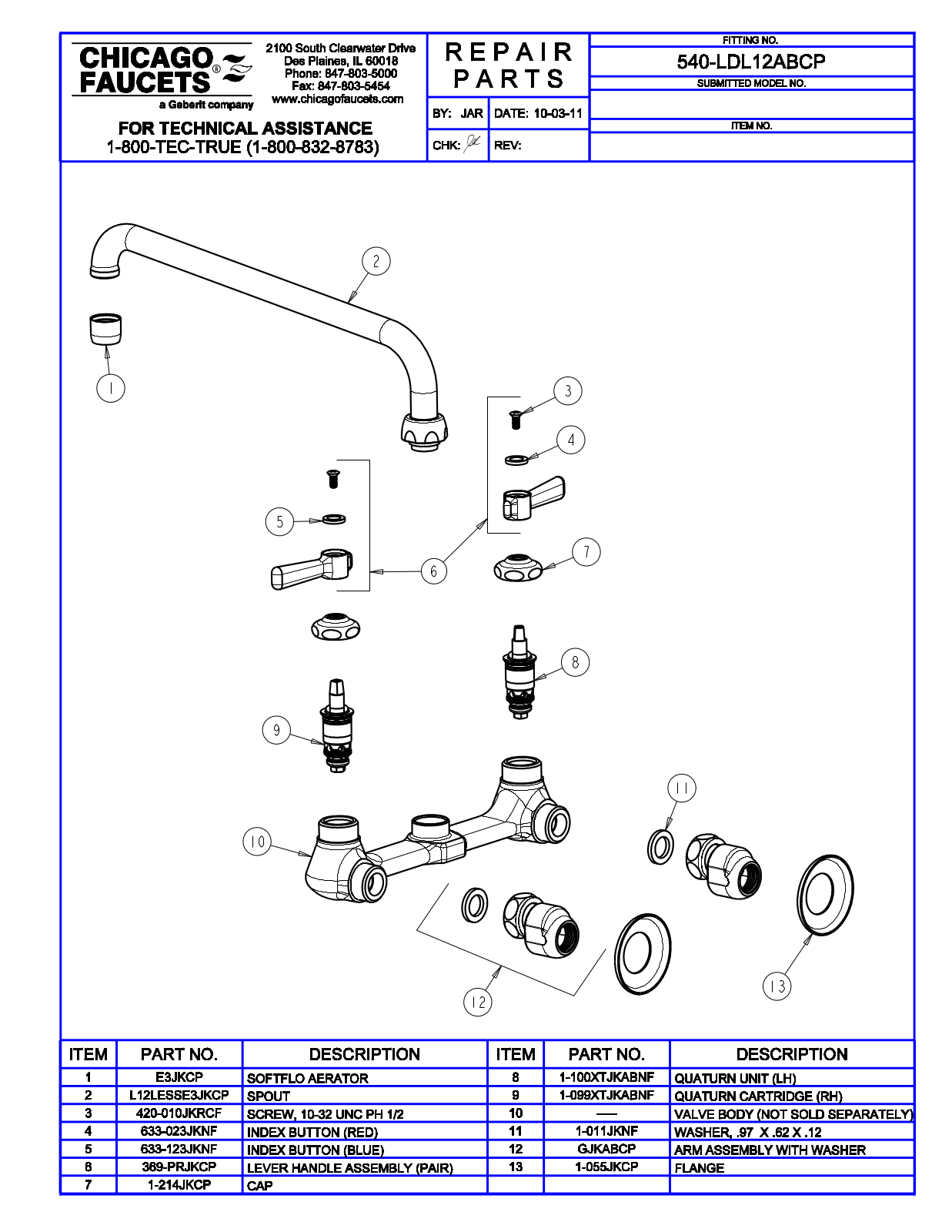 Chicago Faucet 540-LDL12AB Parts List