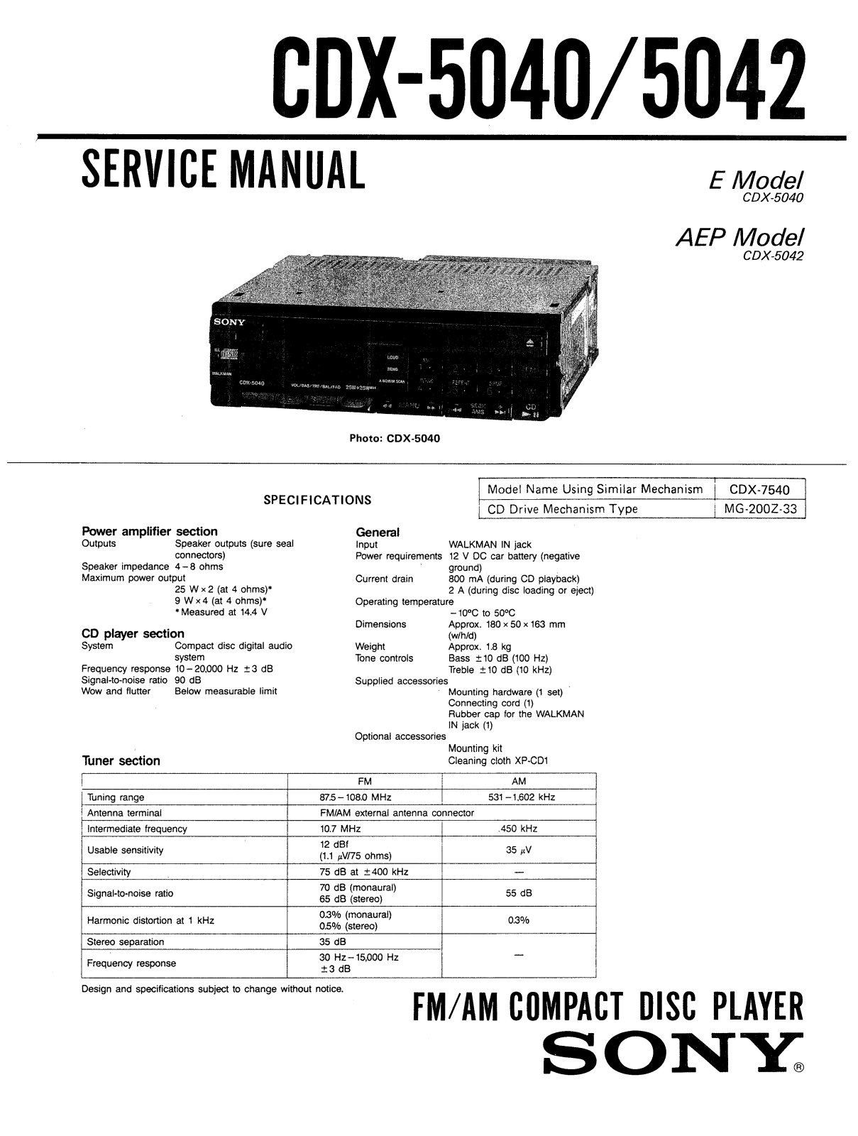 Sony CDX-5040, CDX-5042 Service Manual