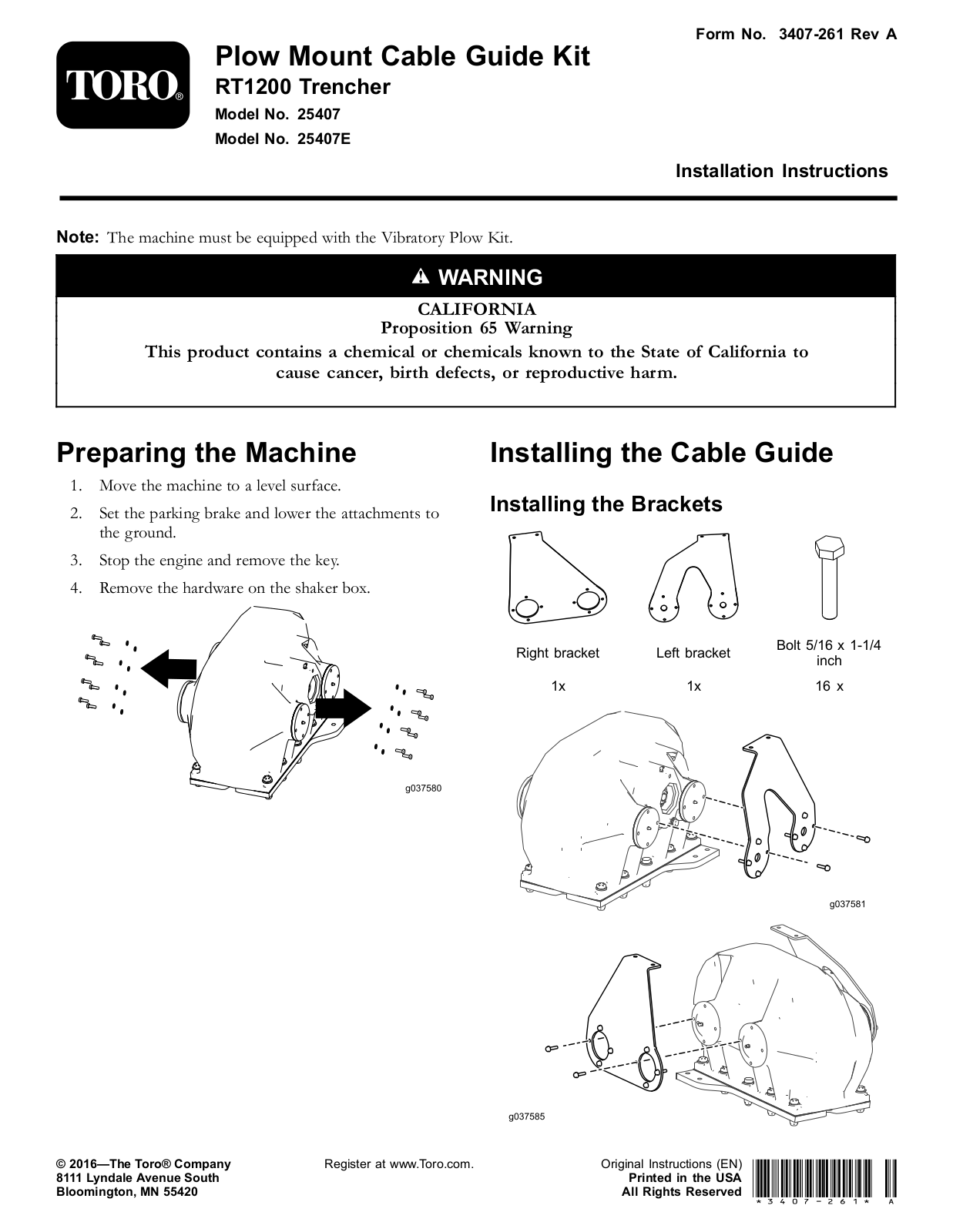 Toro 25407E, 25407 Installation Instructions