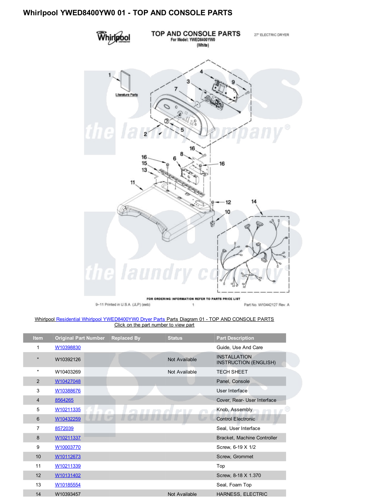 Whirlpool YWED8400YW0 Parts Diagram