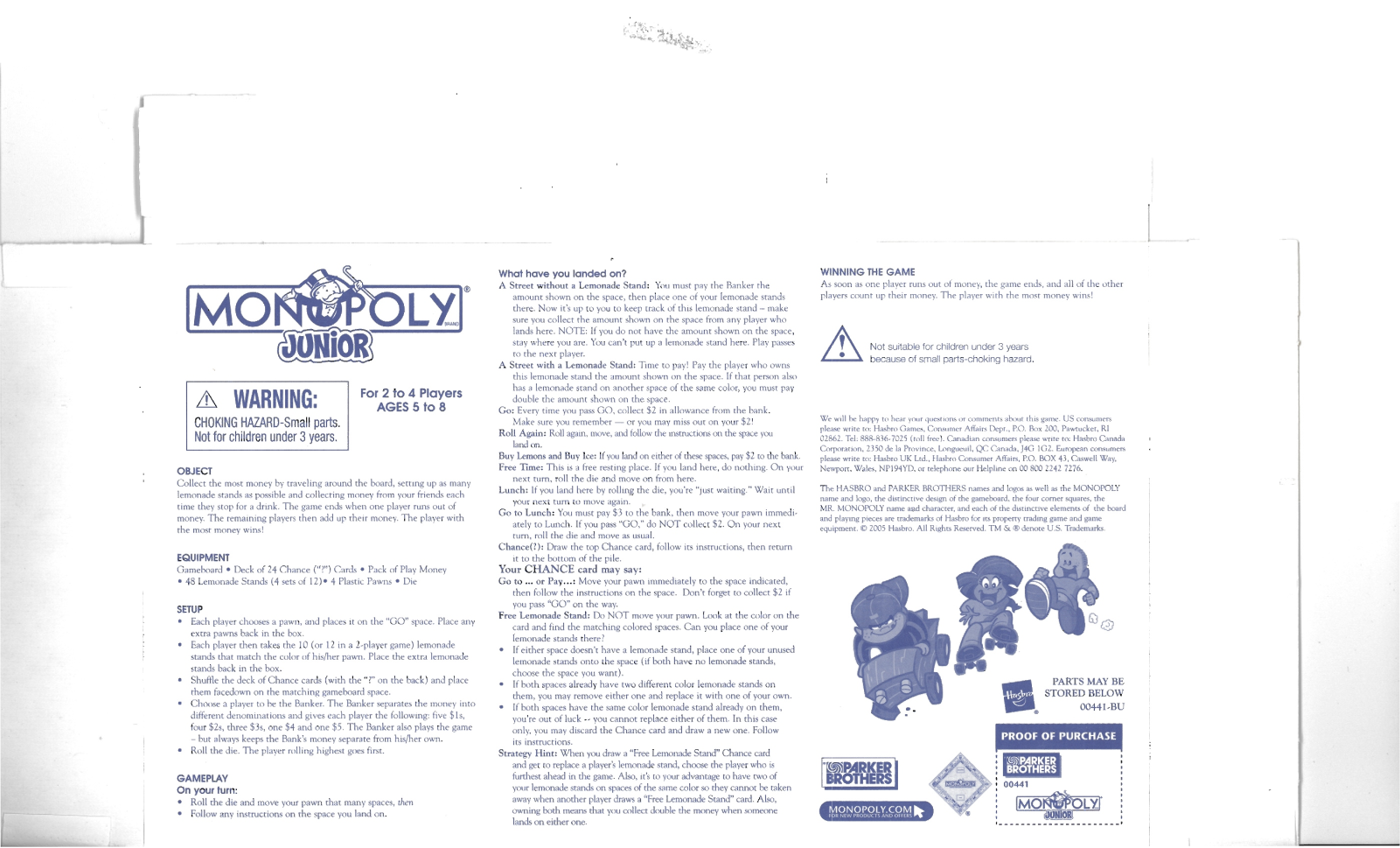 HASBRO Monopoly Junior 2004 Lemonade Stand User Manual