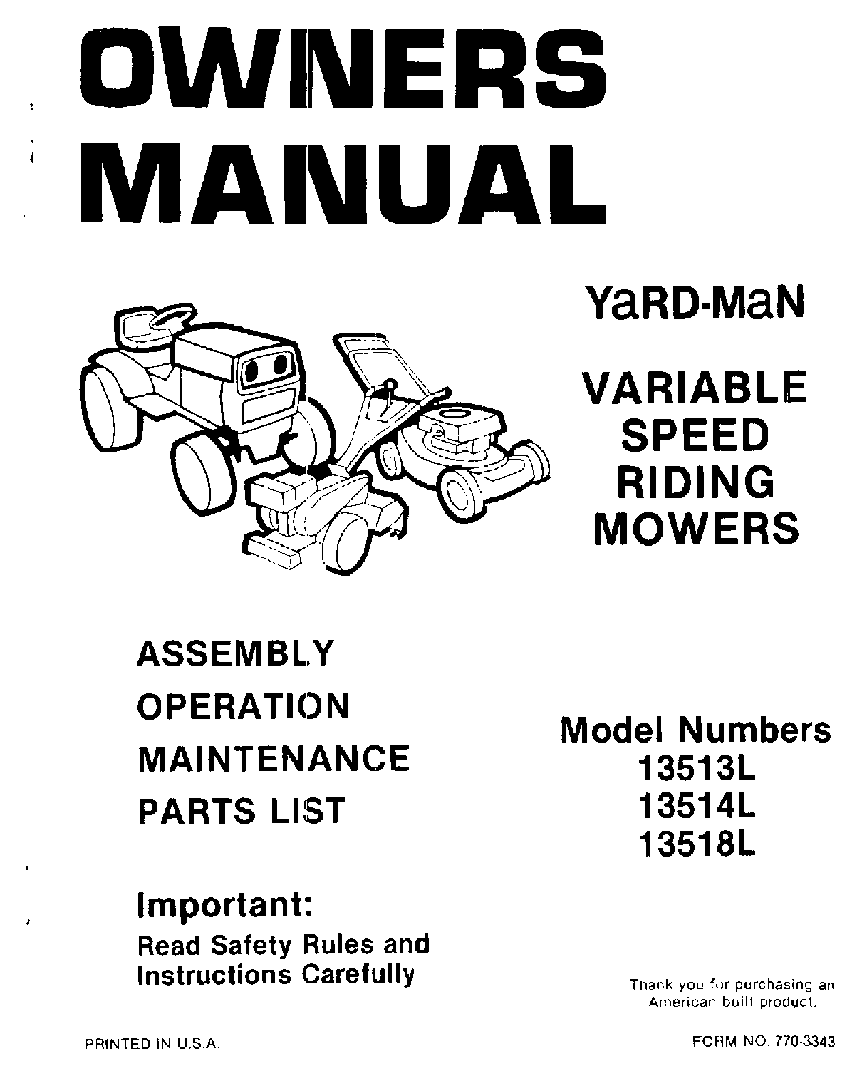Yard-Man 13514L, 13513L, 13518L User Manual
