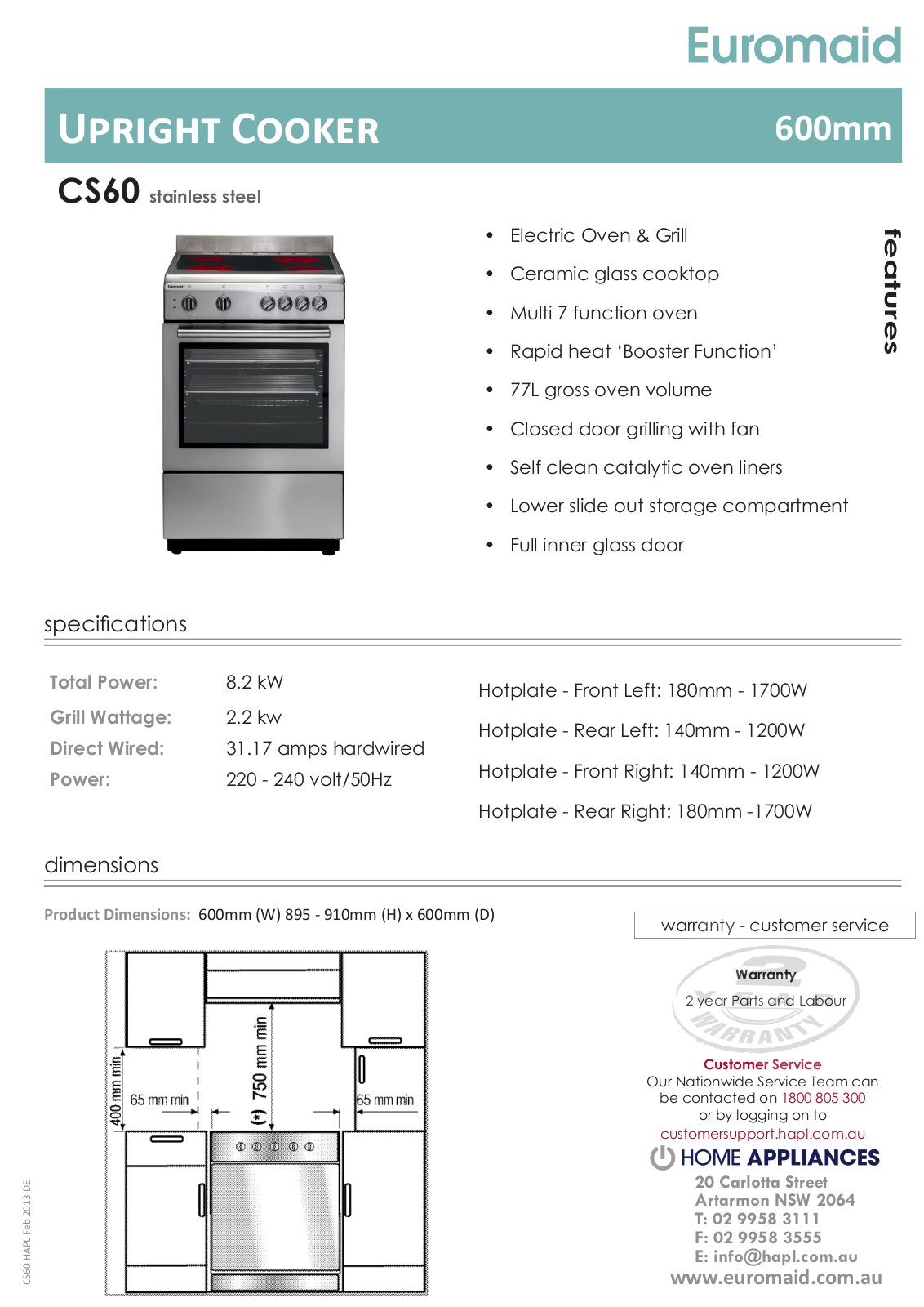 Euromaid CS60 Technical Specifications