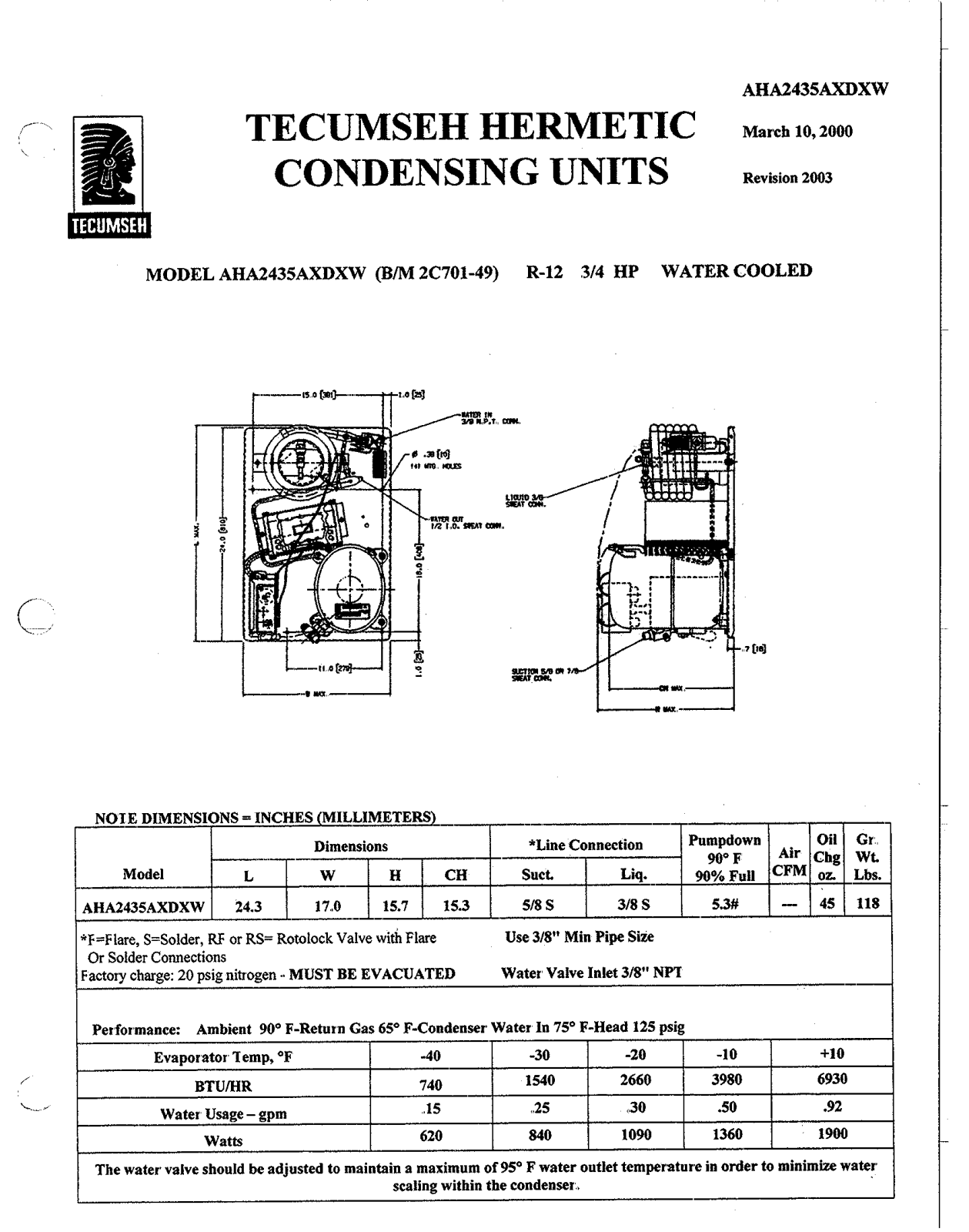 Tecumseh AHA2435AXDXW Performance Data Sheet