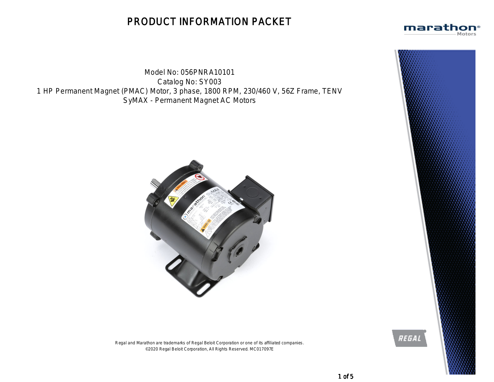 Marathon Electric 056PNRA10101 Product Information Packet