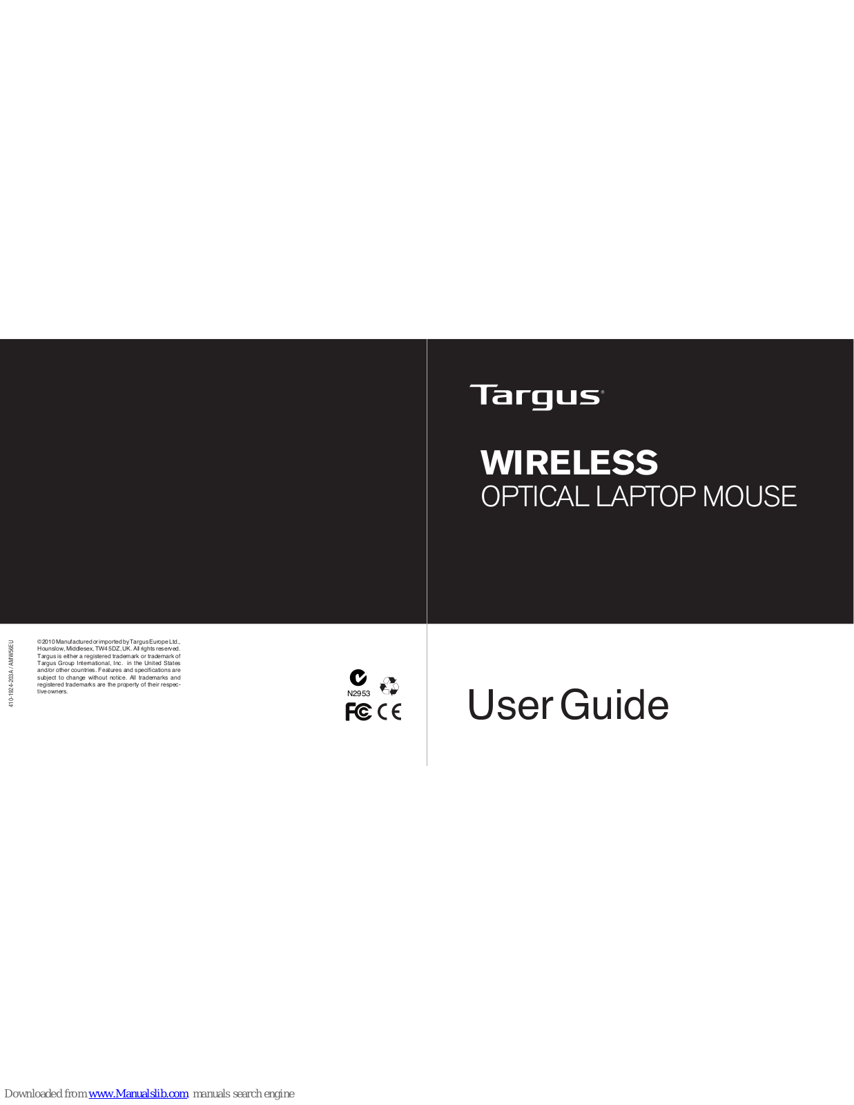 Targus WIRELESS OPTICAL LAPTOP MOUSE, OPTICAL User Manual