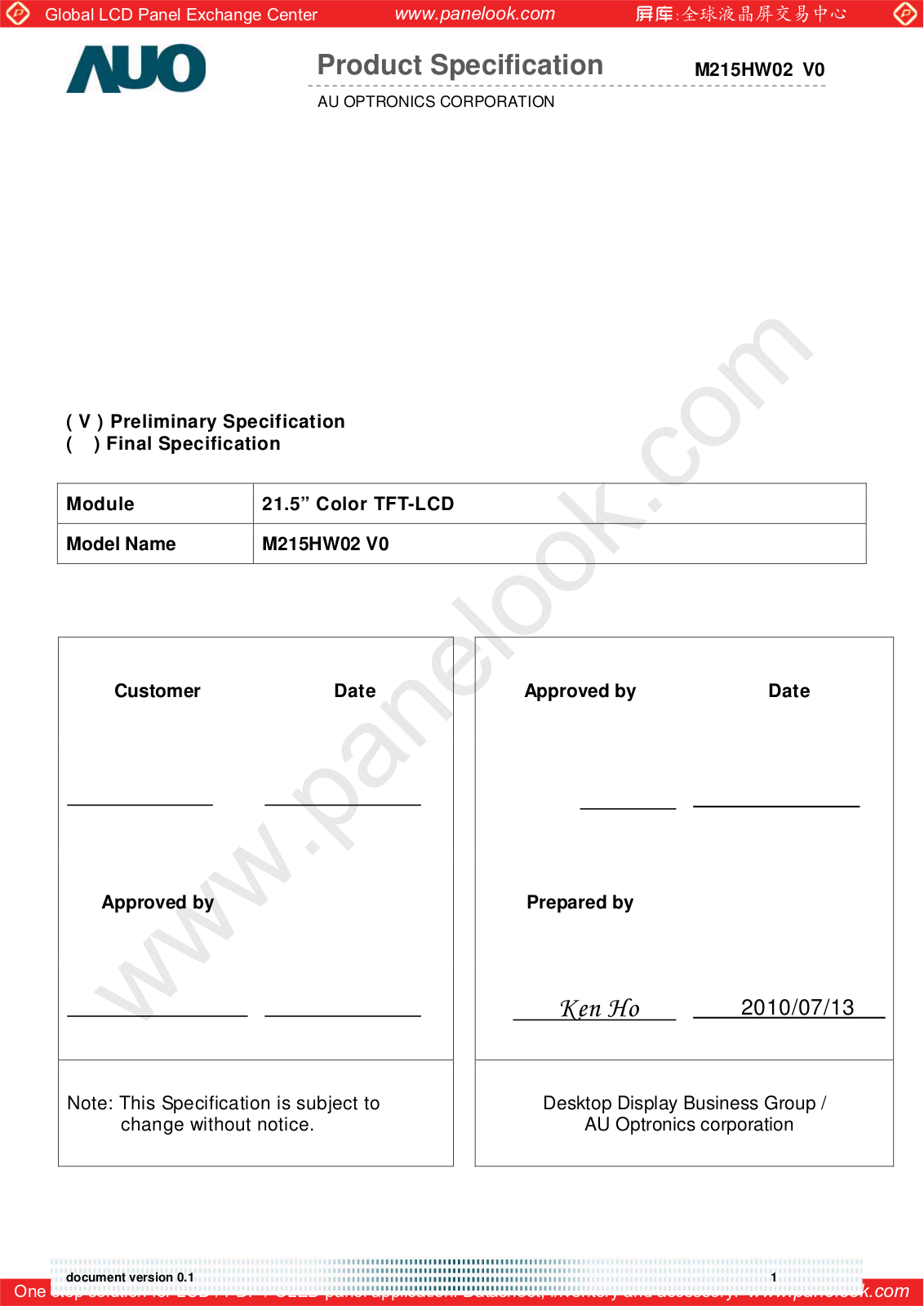 AUO M215HW02 V0 Specification