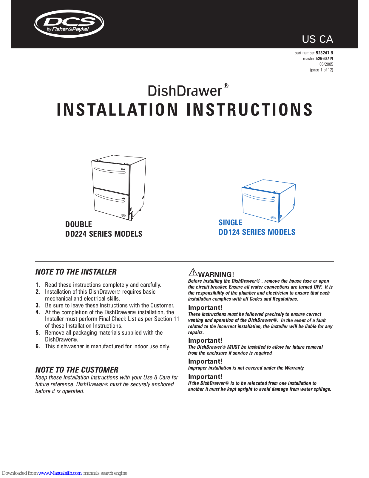 DCS DishDrawer DS224 Series, DishDrawer DD124 Series Installation Instructions Manual