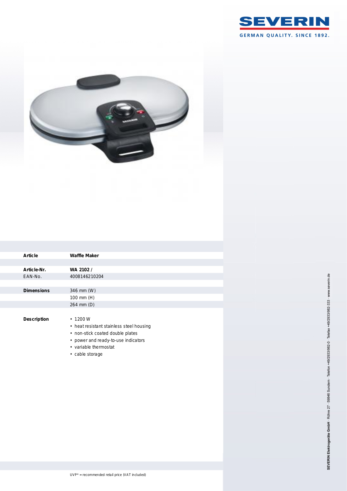 Severin WA 2102, WAFFLE MAKER User Manual