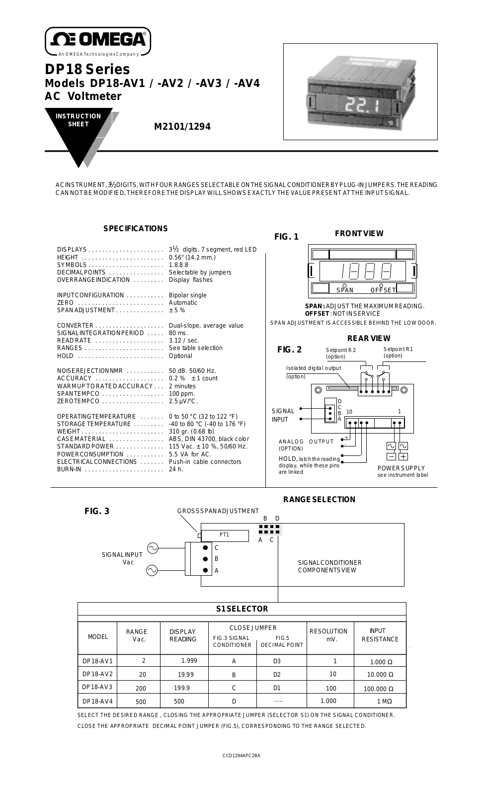 Omega Products DP18-AV1 Installation  Manual