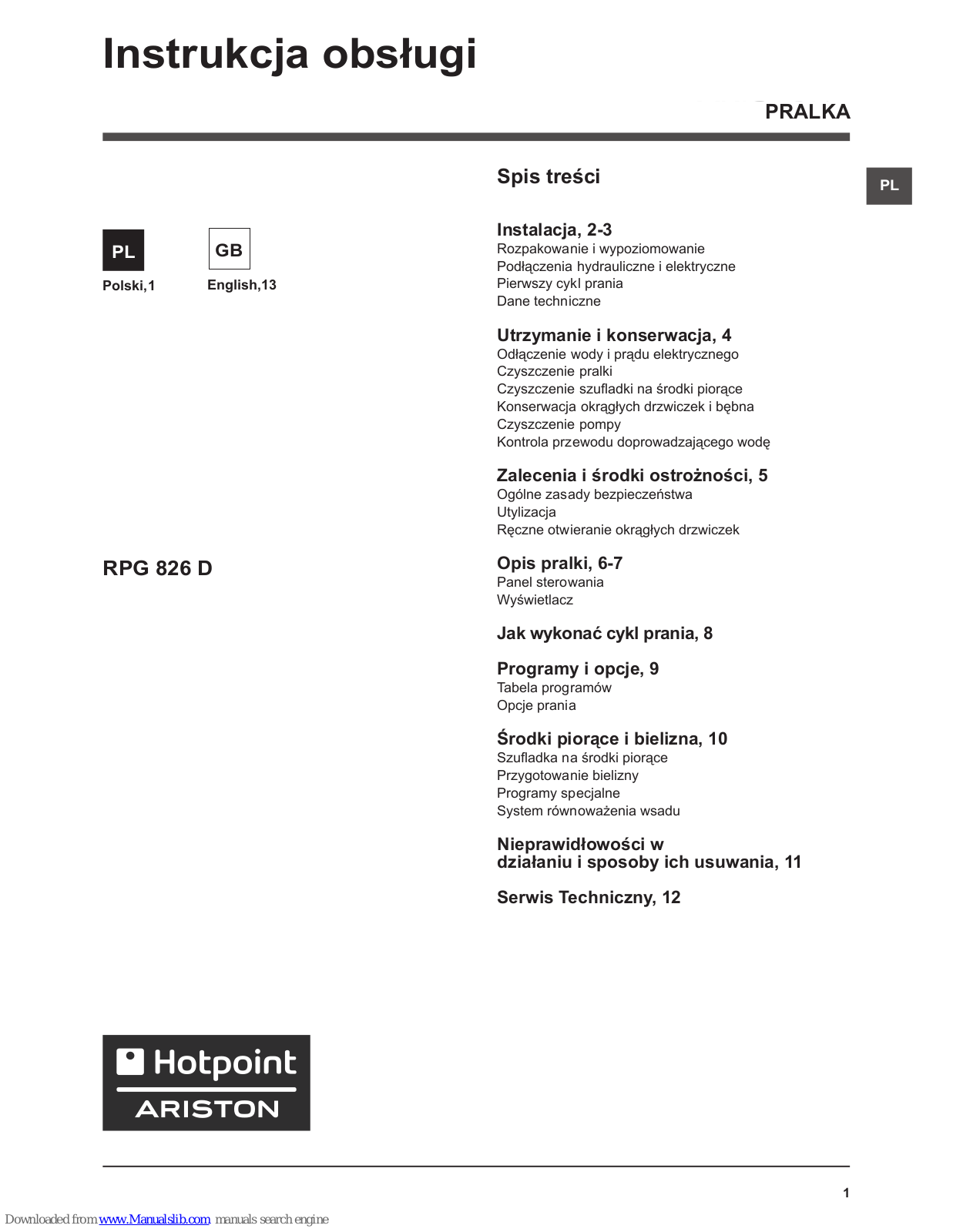 Hotpoint Ariston RPG 826 D Instructions For Use Manual