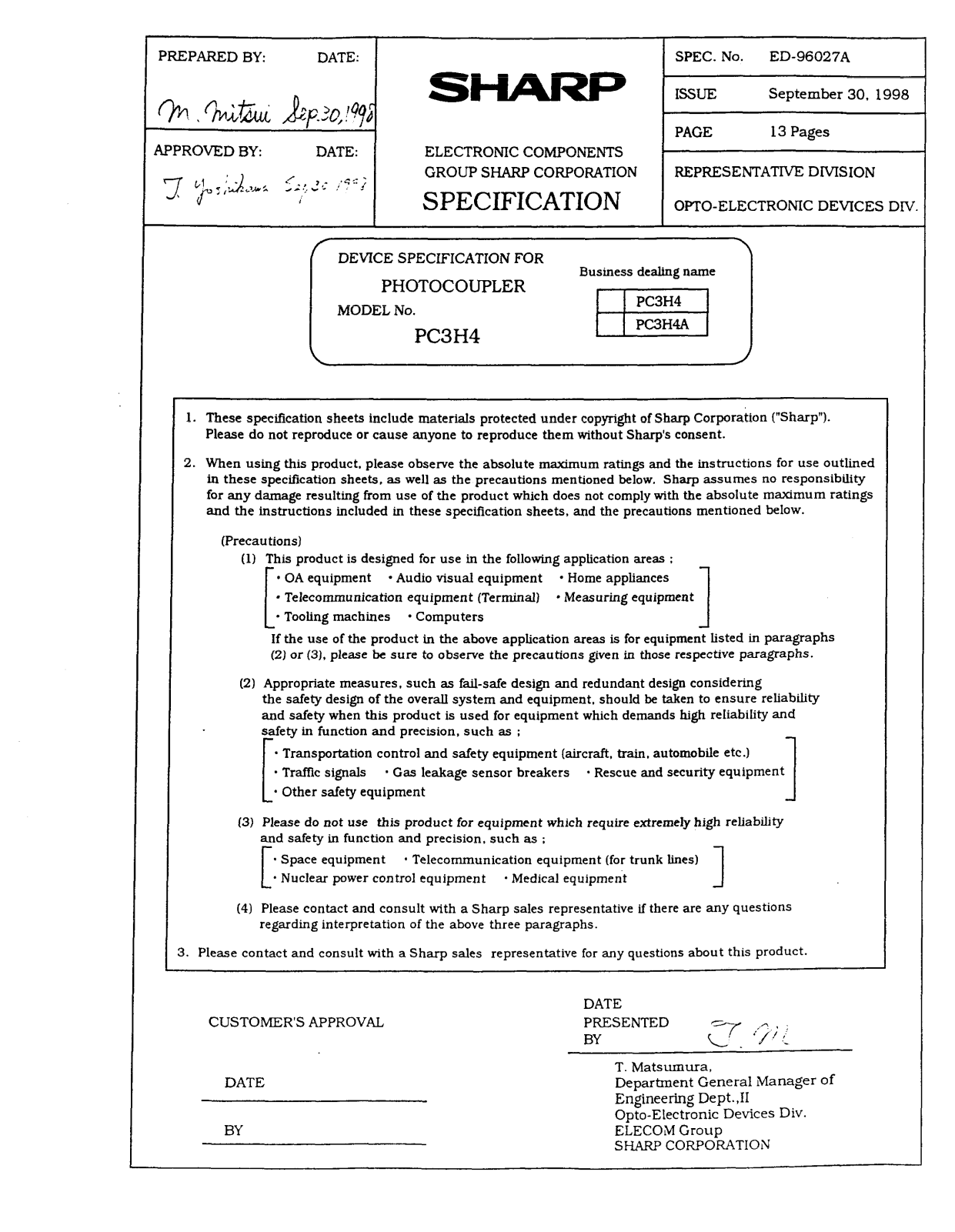 Sharp PC3H4A Datasheet