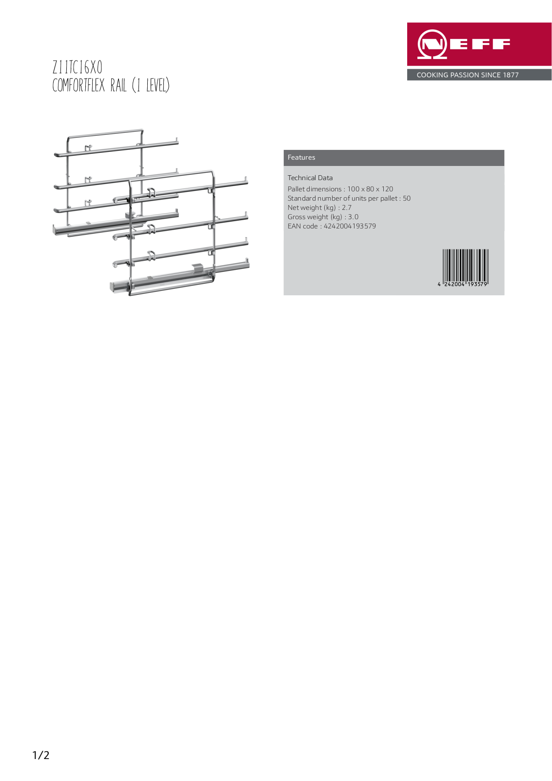 NEFF Z11TC16X0 Specifications Sheet