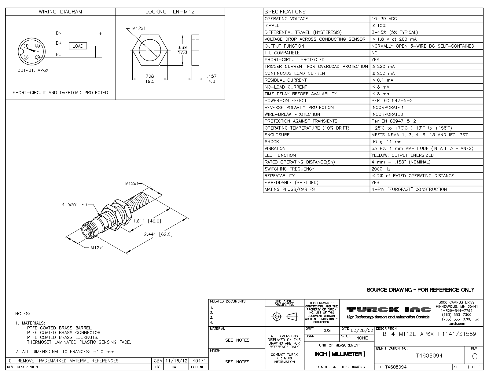 Turck BI4-MT12E-AP6X-H1141S1589 Data Sheet