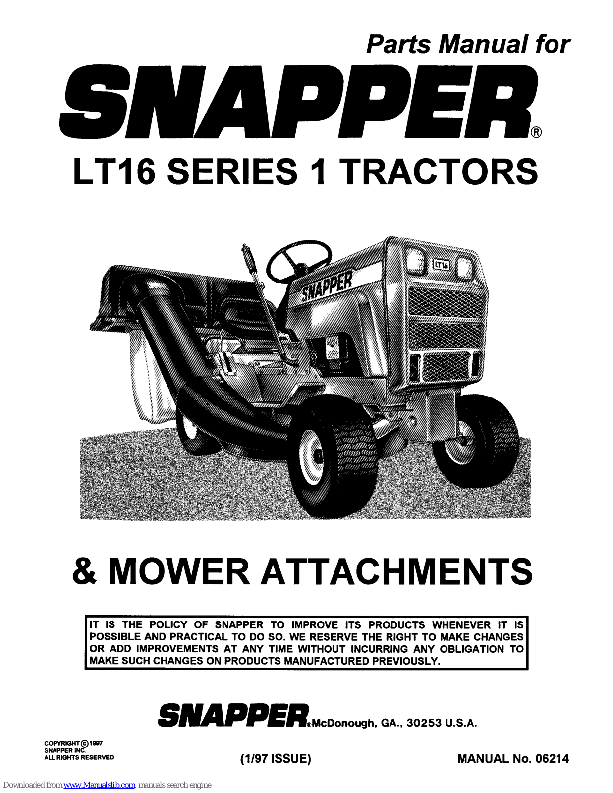 Snapper LT16 Series 1 Parts Manual