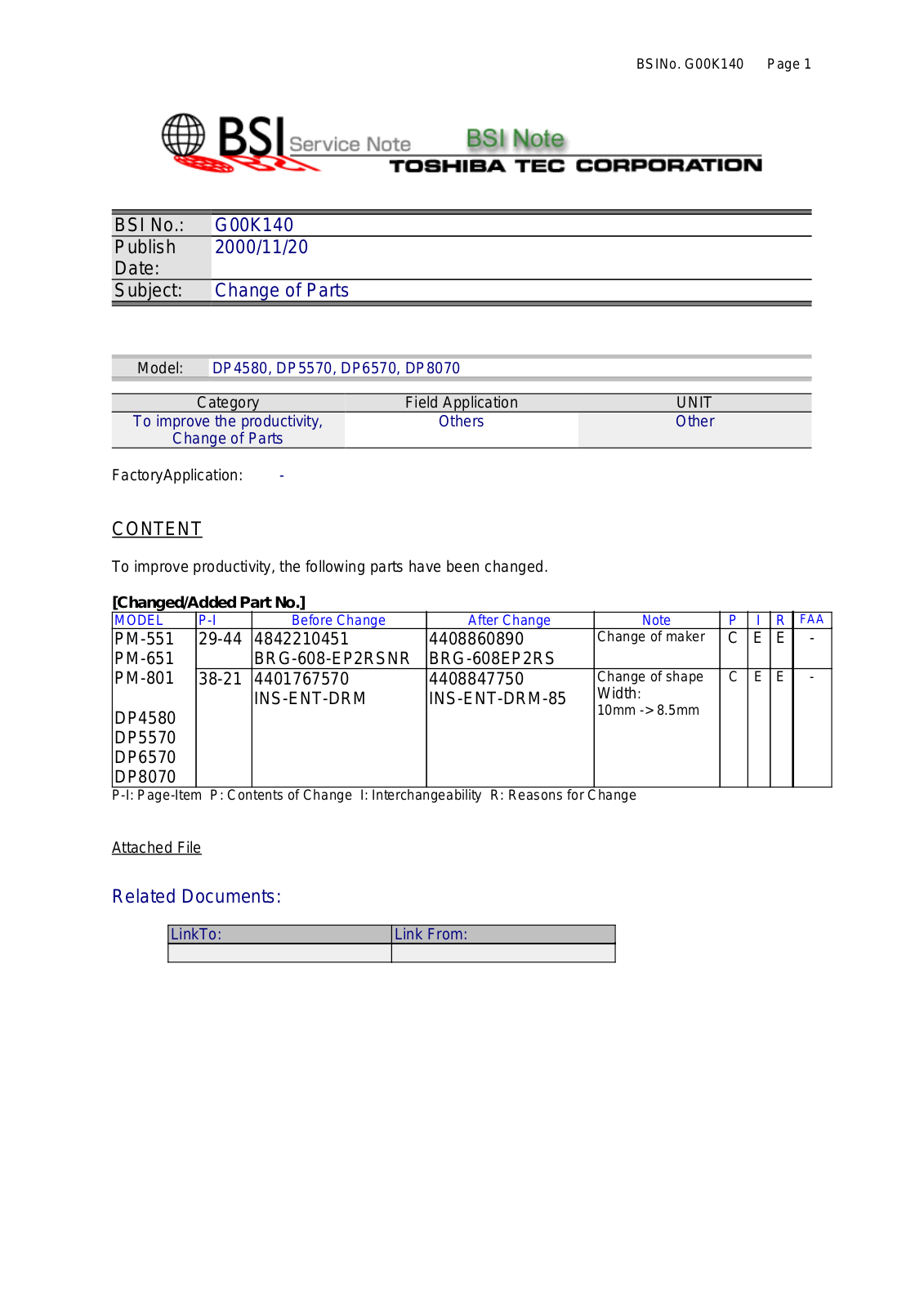 Toshiba G00K140 Service Note