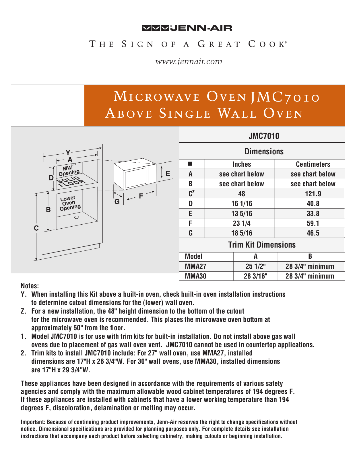 JENN-AIR JMC7010ADB, JMC7010ADW Dimension Guide