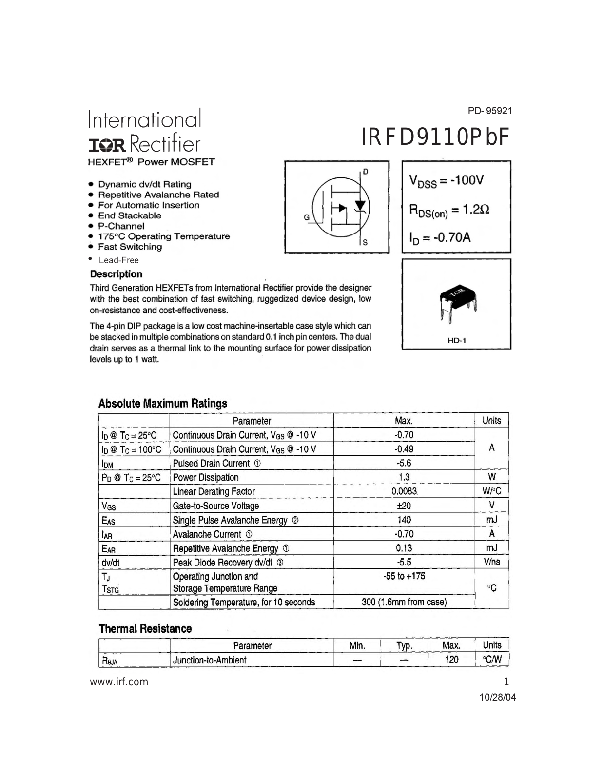 Datasheet IRFD9110PBF Specification - ManualMachine.com