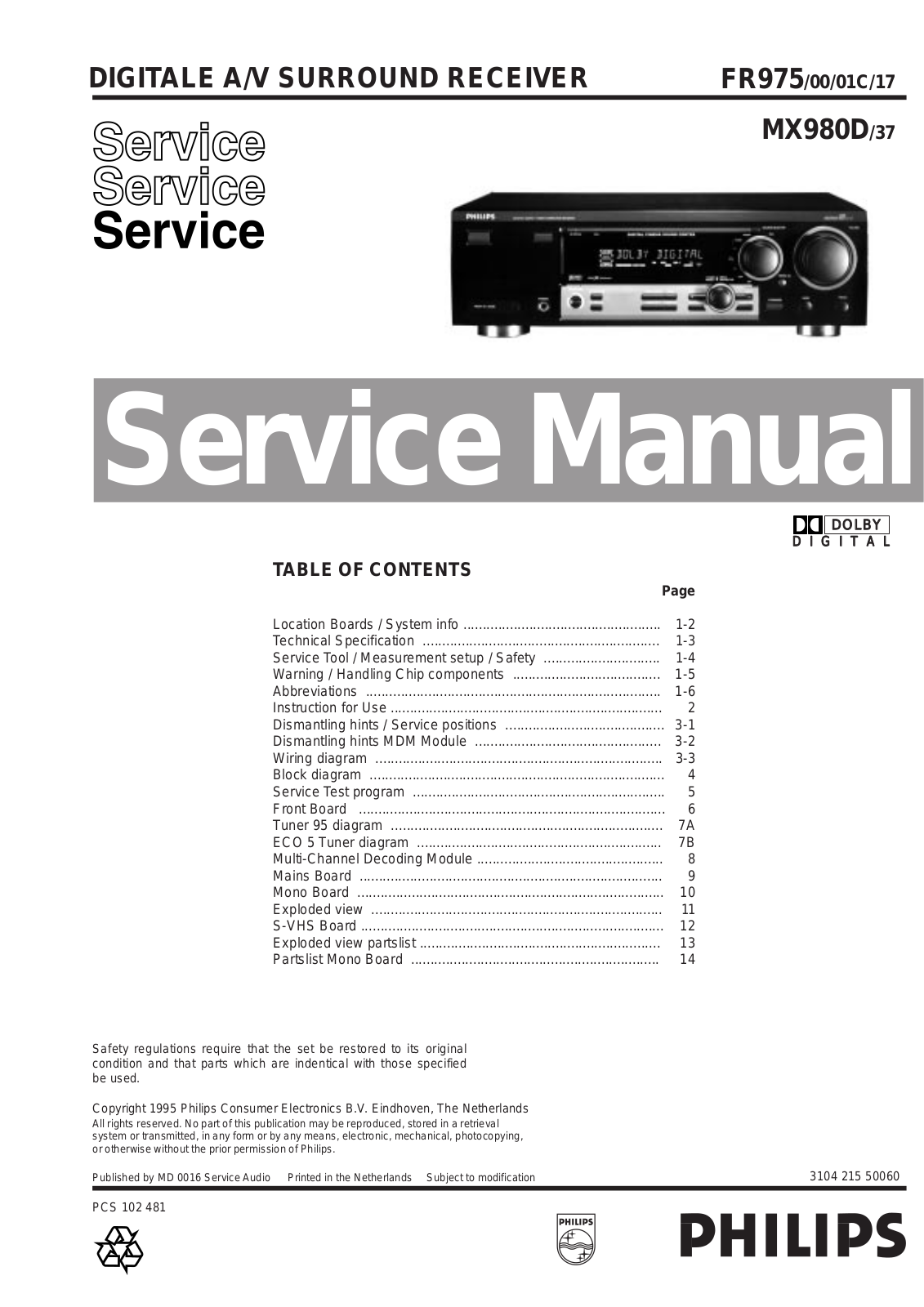 Philips FR975-00, FR975-01C, FR975-17, MX980D-37 Service Manual